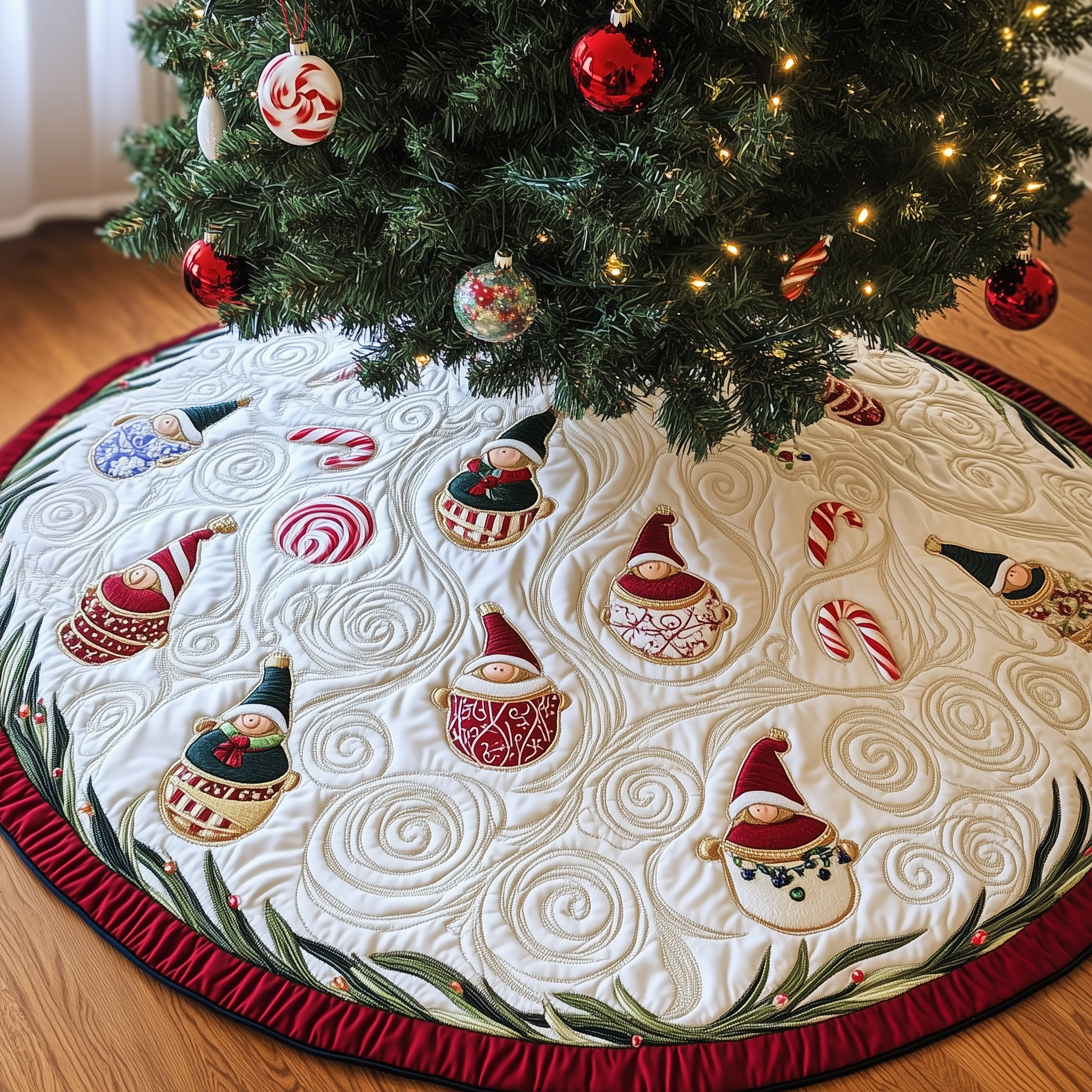 Gnomes Candy Cup Quilted Tree Skirt Xmas Surround Tree Base Cover Indoor Home Holiday Decorations-1 Gnomes Candy Cup Quilted Tree Skirt Xmas Surround Tree Base Cover Indoor Home Holiday Decorations-1