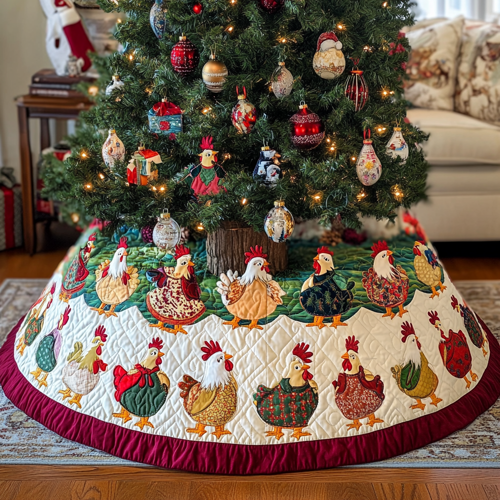 Gossiping Chickens Quilted Tree Skirt Christmas Xmas Tree Base Cover Decorations Gifts For Chicken Lovers-1 Gossiping Chickens Quilted Tree Skirt Christmas Xmas Tree Base Cover Decorations Gifts For Chicken Lovers-1