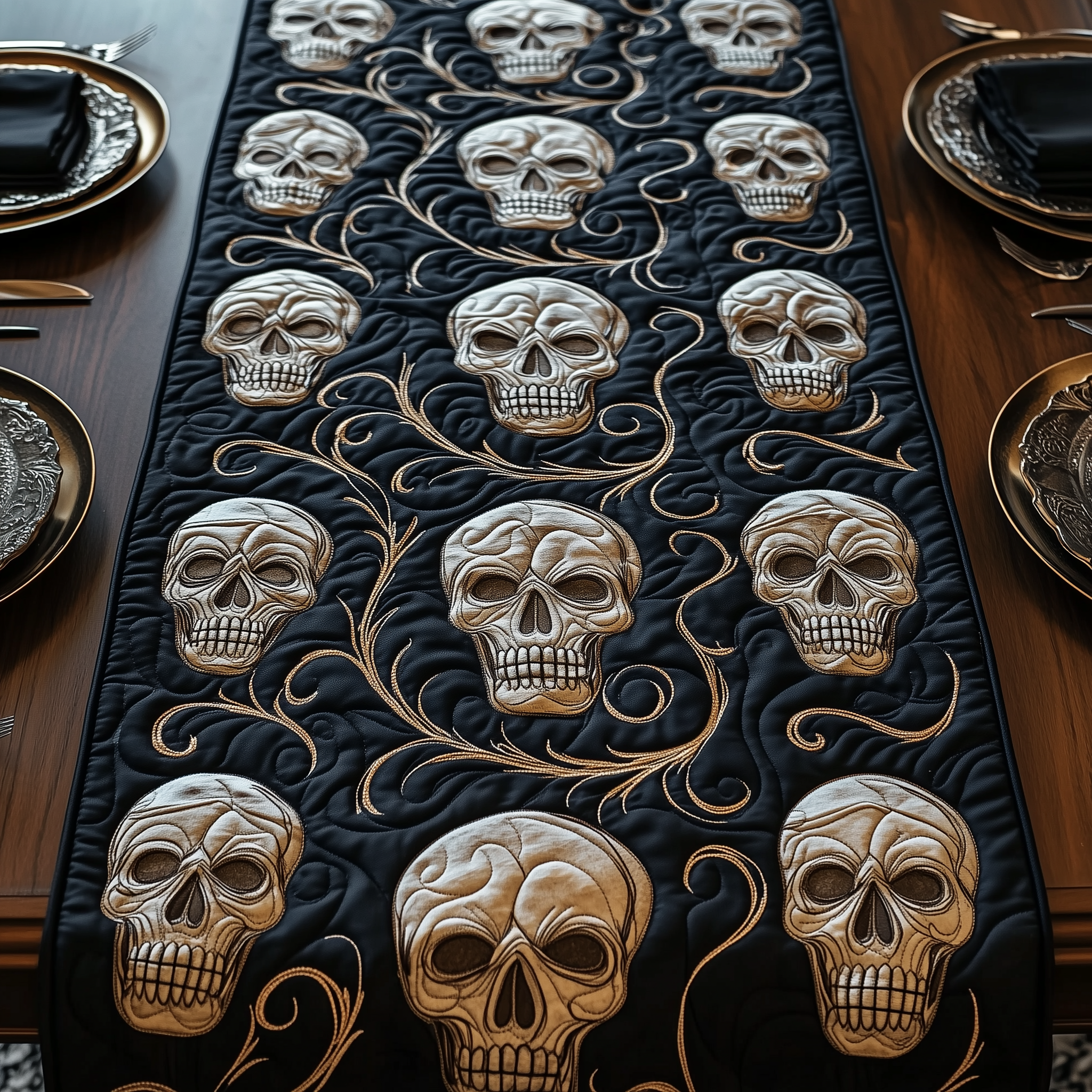 Gothic Skull Quilted Table Runner Skull Gifts For Her-1 Gothic Skull Quilted Table Runner Skull Gifts For Her-1
