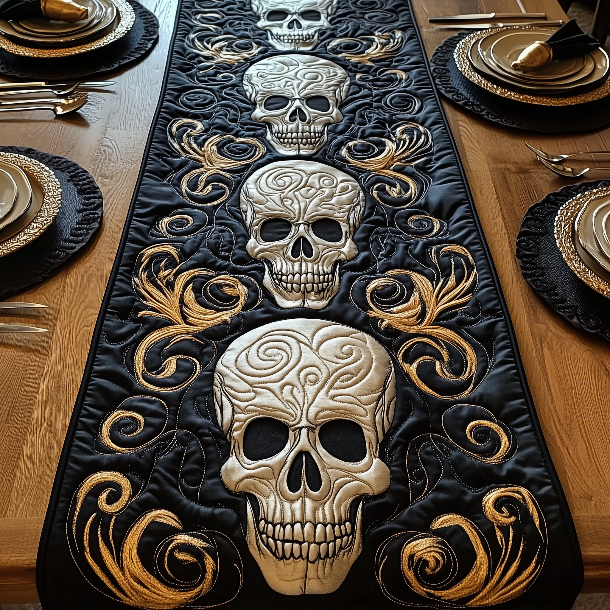 Gothic Skull Quilted Table Runner Skull Gifts For Him-1 Gothic Skull Quilted Table Runner Skull Gifts For Him-1