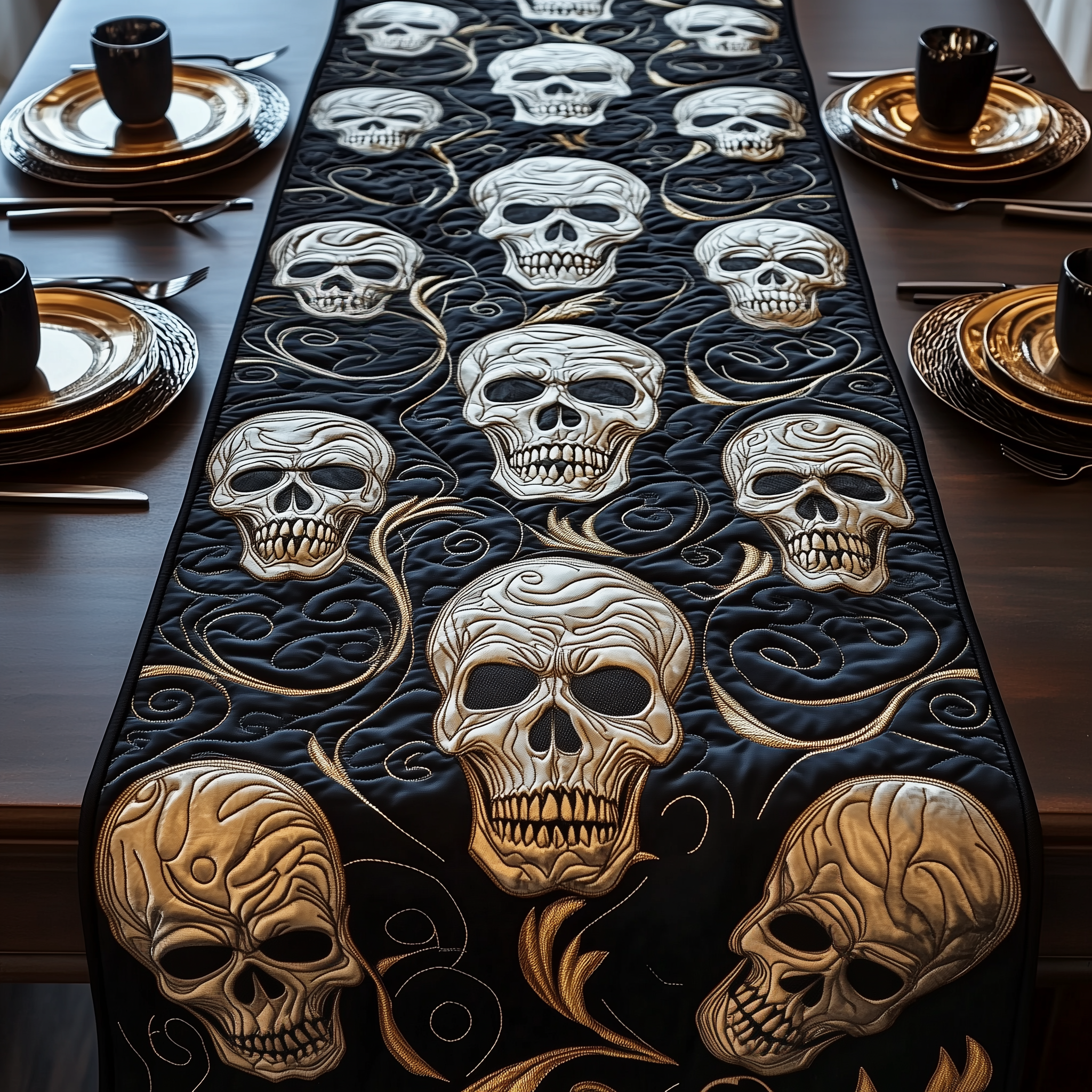 Gothic Skull Quilted Table Runner Unique Skull Gifts-1 Gothic Skull Quilted Table Runner Unique Skull Gifts-1