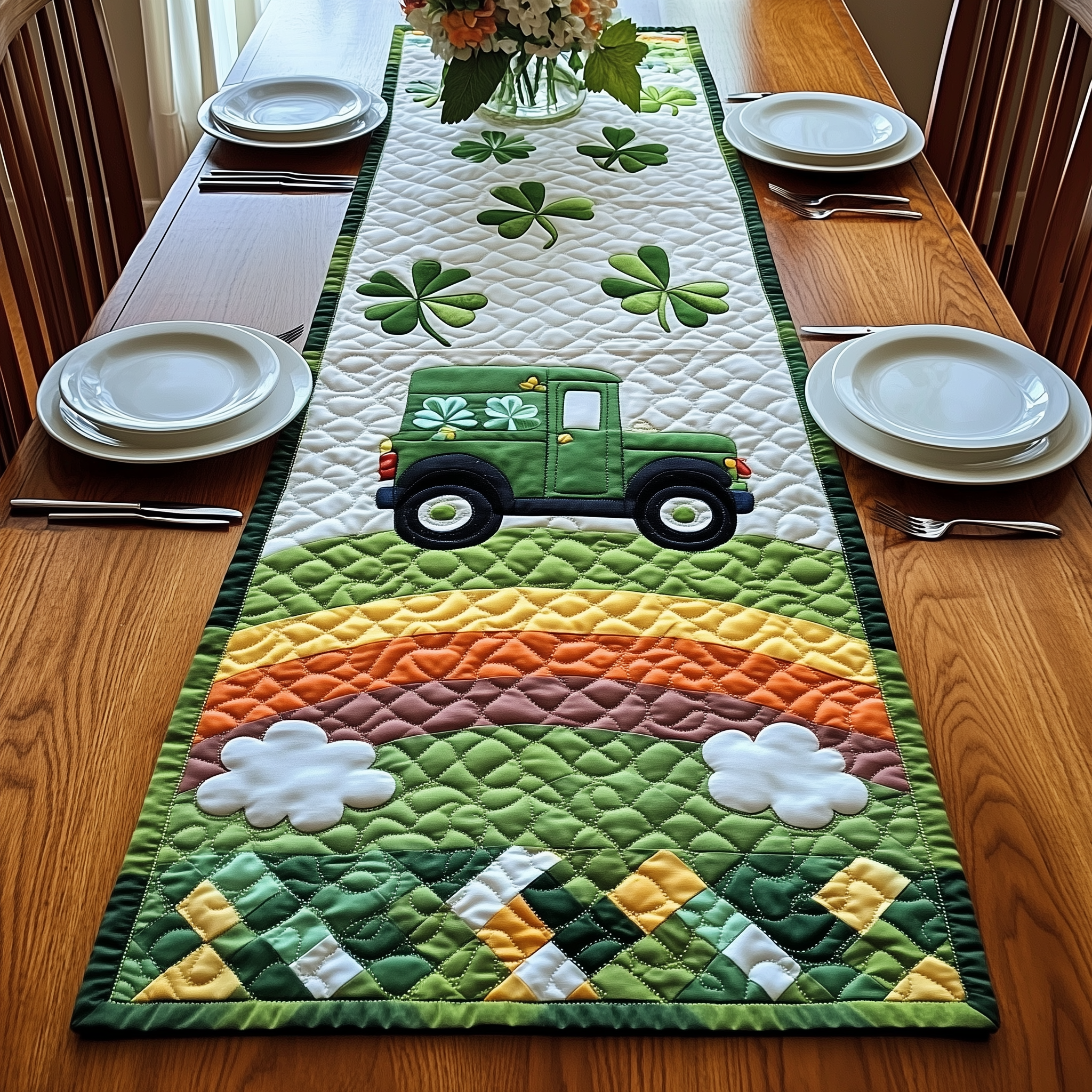 Green Truck Quilted Table Runner Valentine Day Gifts For Men-1 Green Truck Quilted Table Runner Valentine Day Gifts For Men-1