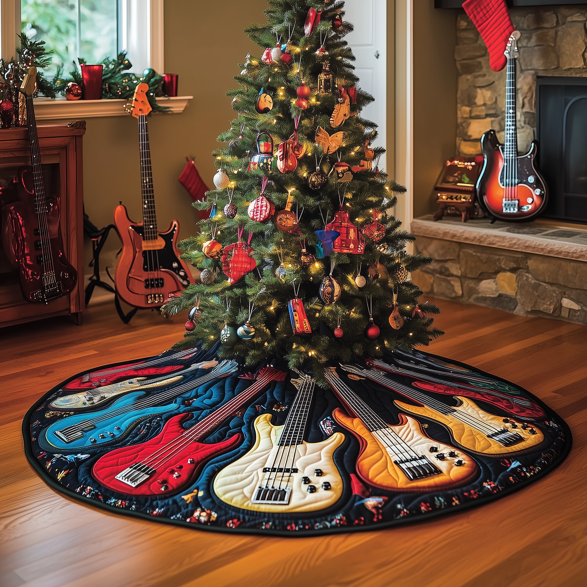 Guitar Bass Quilted Tree Skirt Holiday Christmas Tree Base Guitar Lovers Xmas Gifts For Him-1 Guitar Bass Quilted Tree Skirt Holiday Christmas Tree Base Guitar Lovers Xmas Gifts For Him-1