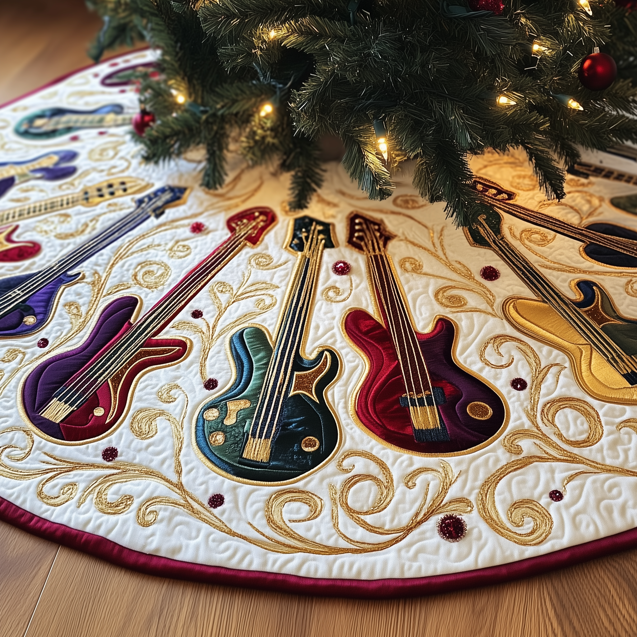 Guitar Bass Quilted Tree Skirt  Holiday Tree Skirt Xmas Decorations Secret Santa Gifts For Guitarists-1