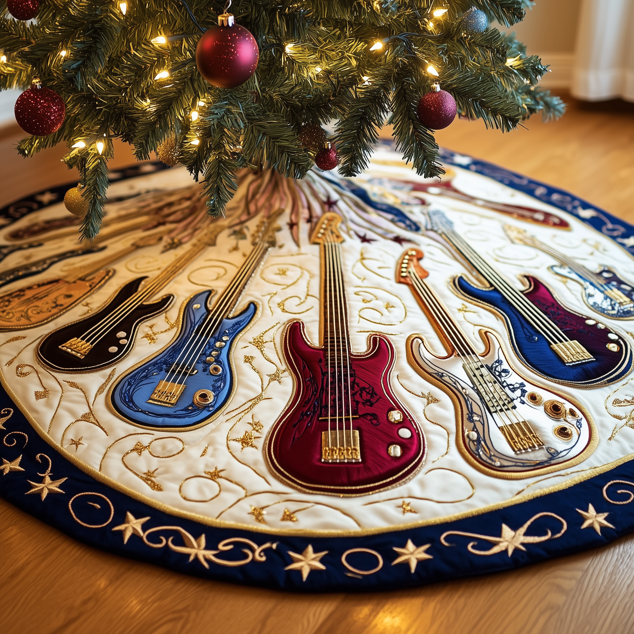 Guitar Bass Quilted Tree Skirt Xmas Tree Surround Decorations Best Guitar Themed Christmas Gifts-1