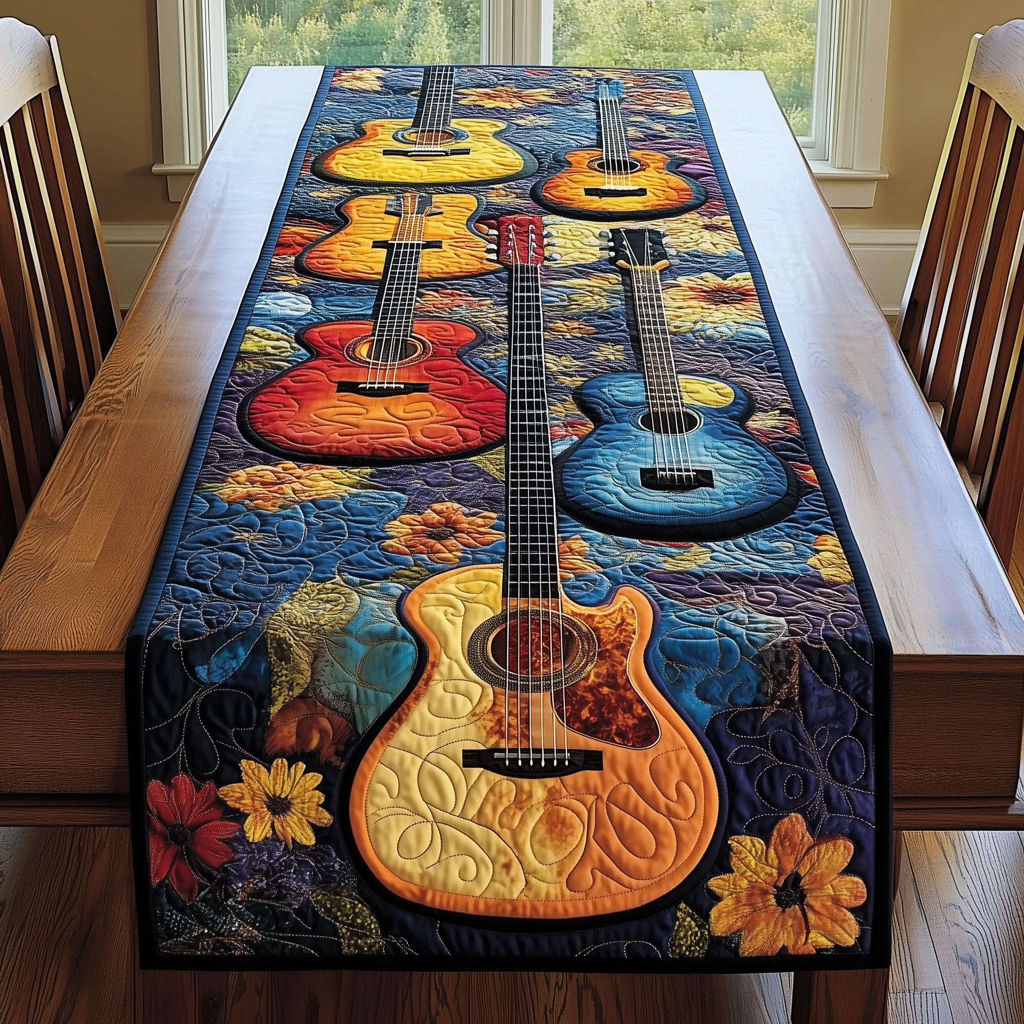 Guitarist's Garden Quilted Table Runner Holiday Dining Table Runner Guitar Themed Christmas Gifts-1 Guitarist's Garden Quilted Table Runner Holiday Dining Table Runner Guitar Themed Christmas Gifts-1