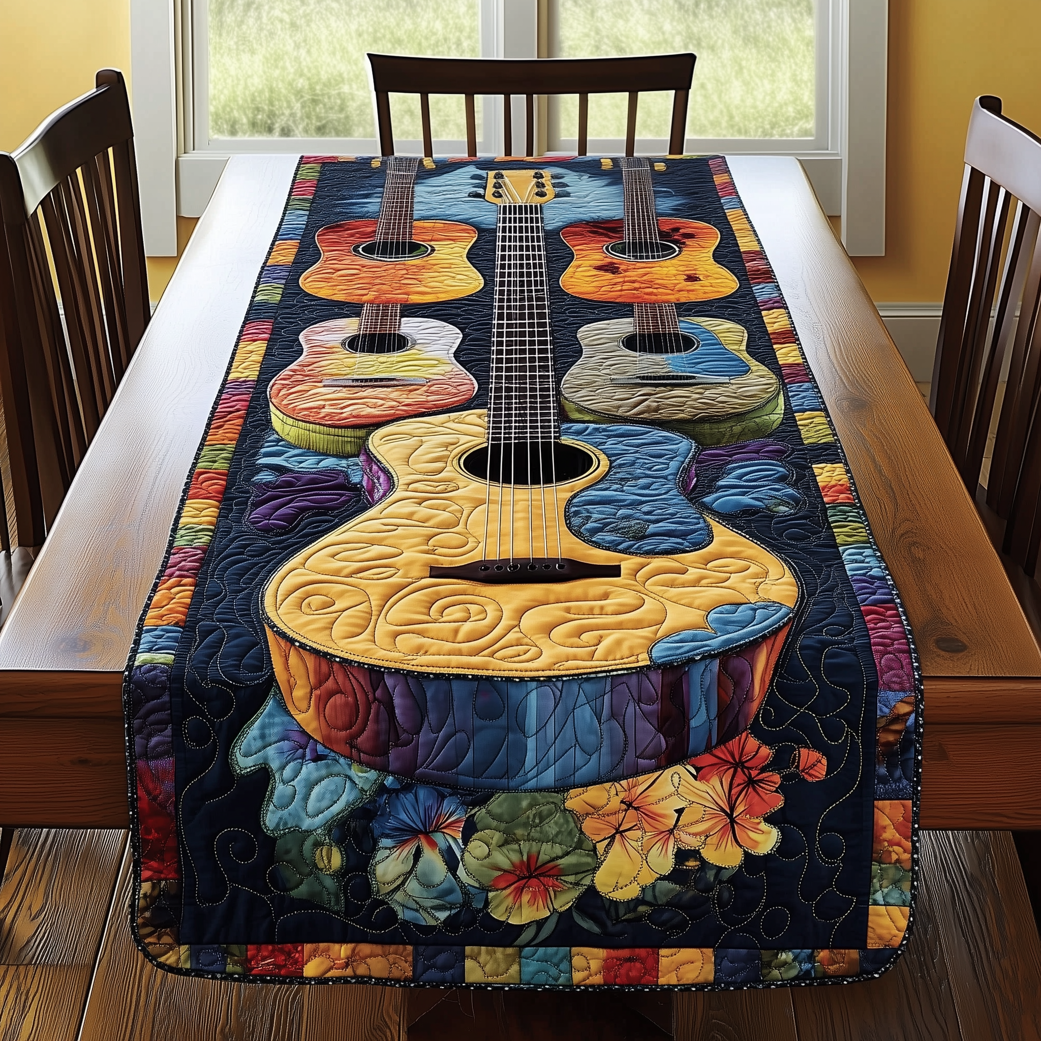 Guitarist's Garden Quilted Table Runner Unique Gifts For Guitar Lovers For Him-1