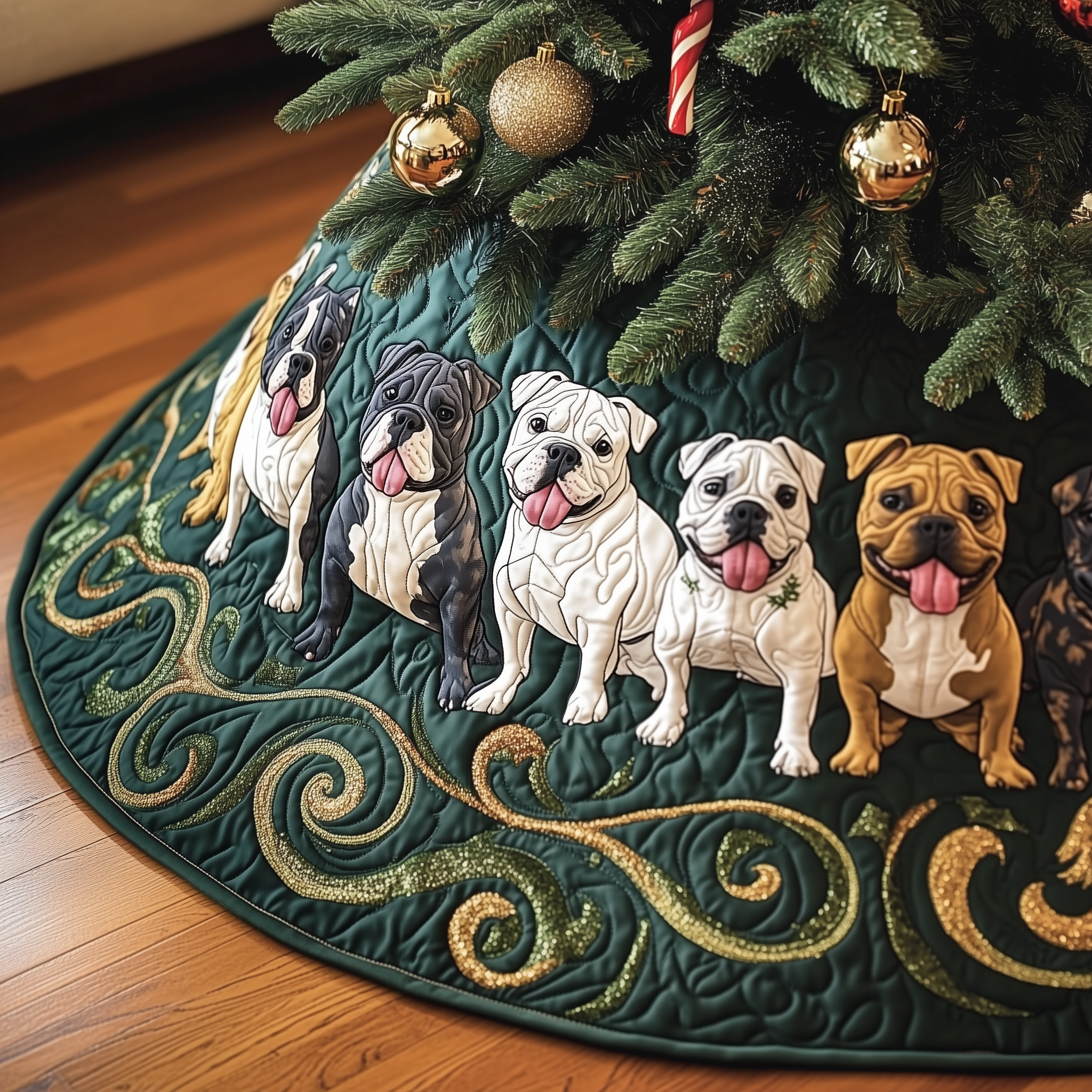 Happy Bulldog Christmas Quilted Tree Skirt Xmas Tree Decorations Holiday Gifts For Dog Lovers Owners-1 Happy Bulldog Christmas Quilted Tree Skirt Xmas Tree Decorations Holiday Gifts For Dog Lovers Owners-1