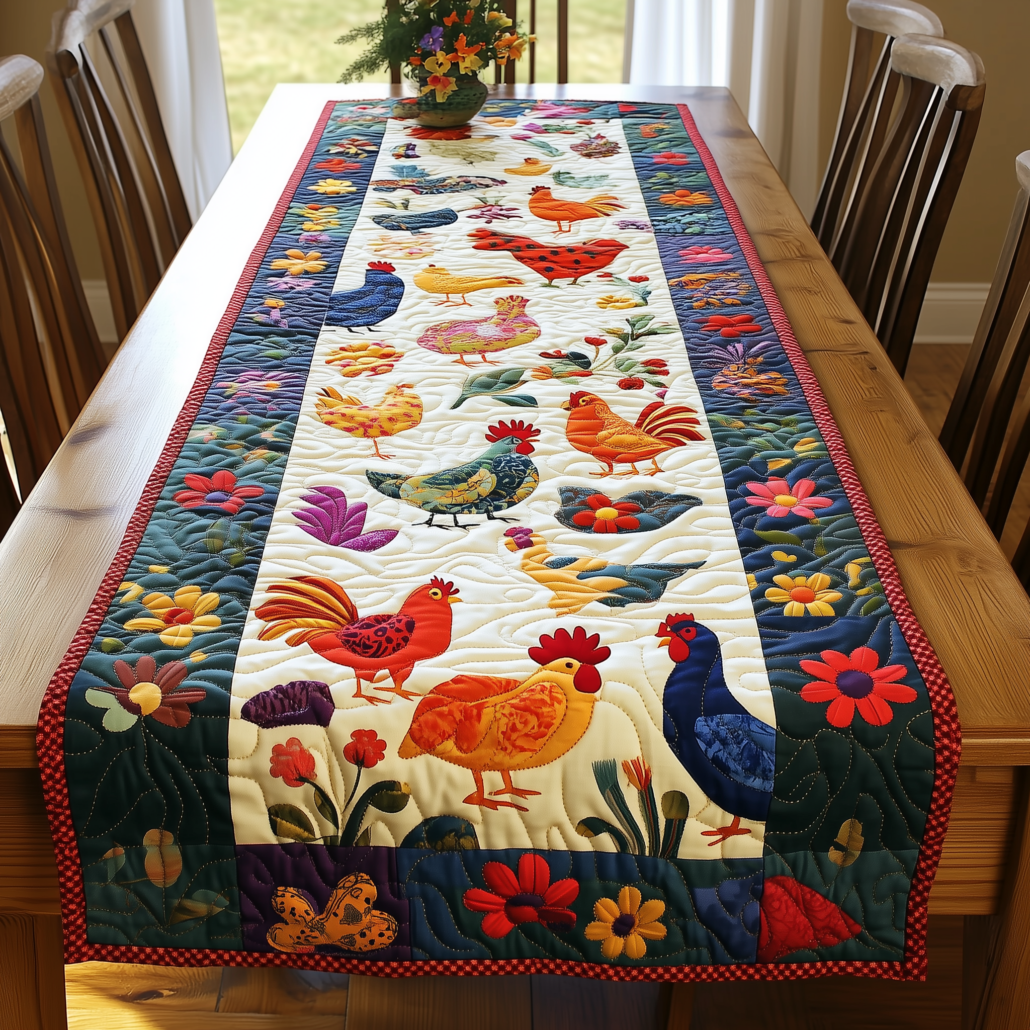 Happy Chickens Quilted Table Runner Holiday Dining Table Runner Best Chicken Themed Gifts Owners-1 Happy Chickens Quilted Table Runner Holiday Dining Table Runner Best Chicken Themed Gifts Owners-1