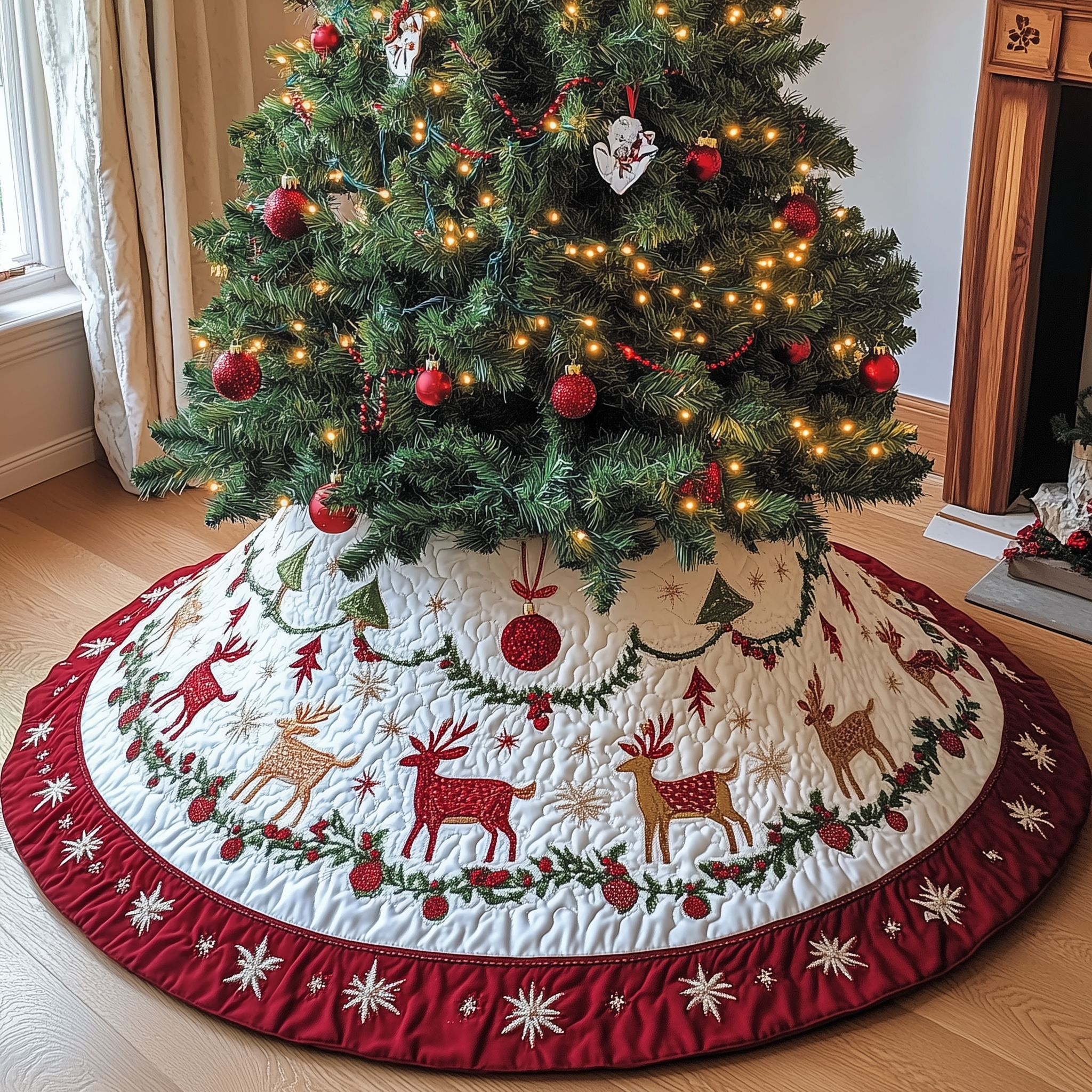 Holiday Reindeer Quilted Tree Skirt Cute Xmas Surround Tree Base Indoor Home Decorations-1 Holiday Reindeer Quilted Tree Skirt Cute Xmas Surround Tree Base Indoor Home Decorations-1