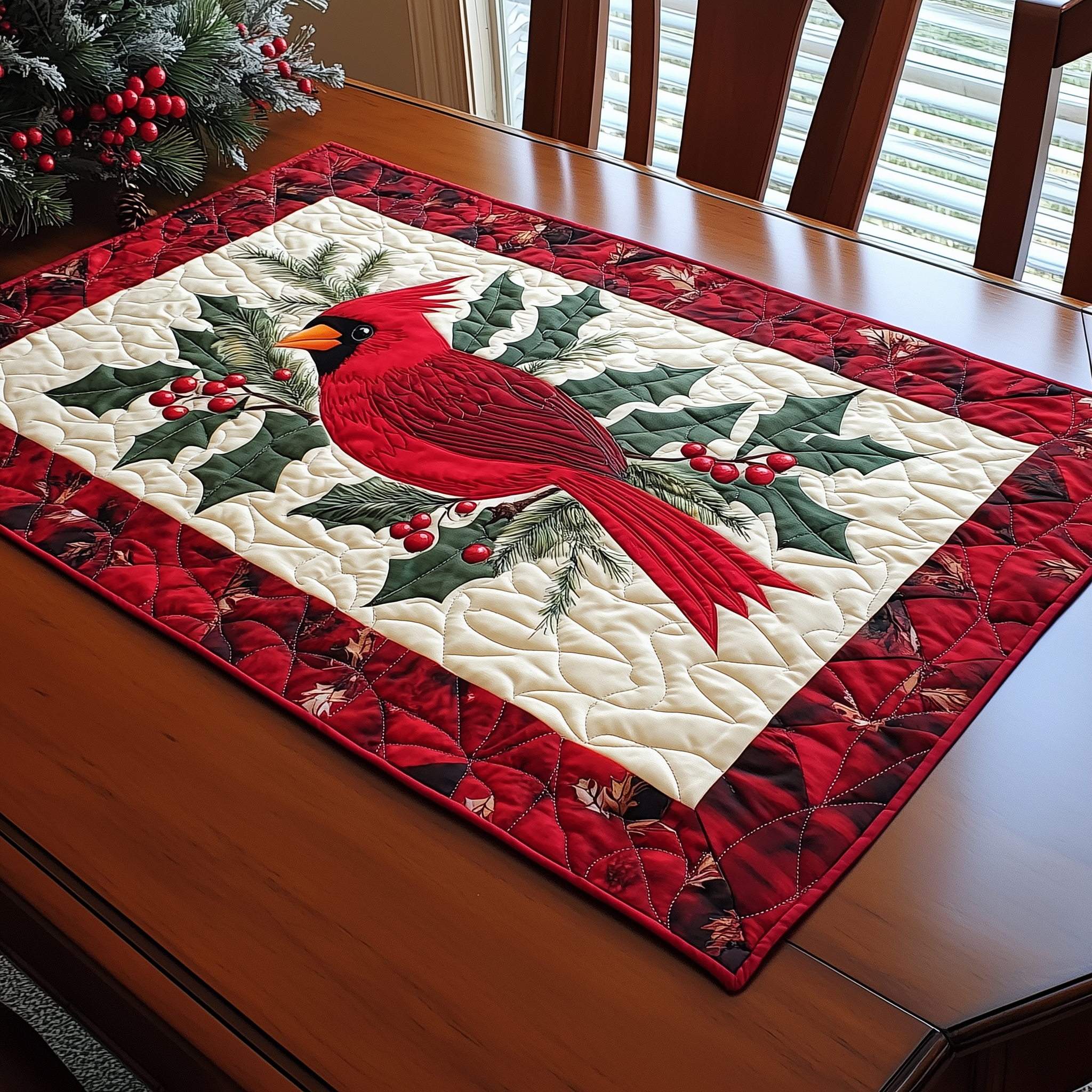 Holly Cardinal Quilted Table Runner Holiday Dining Table Runner Best Cardinal Themed Gifts-1 Holly Cardinal Quilted Table Runner Holiday Dining Table Runner Best Cardinal Themed Gifts-1