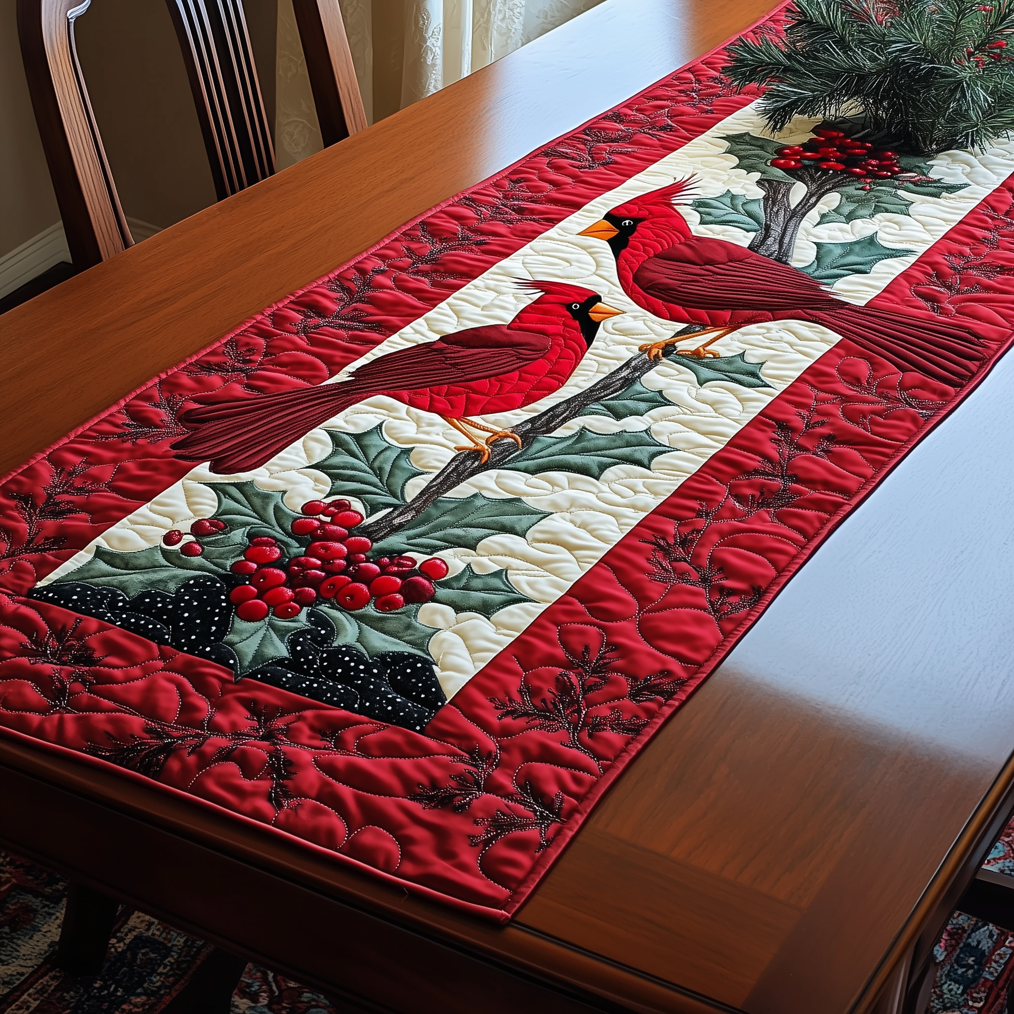 Holly Cardinal Quilted Table Runner Holiday Dining Table Runner Decorations Cardinal Gift Items-1