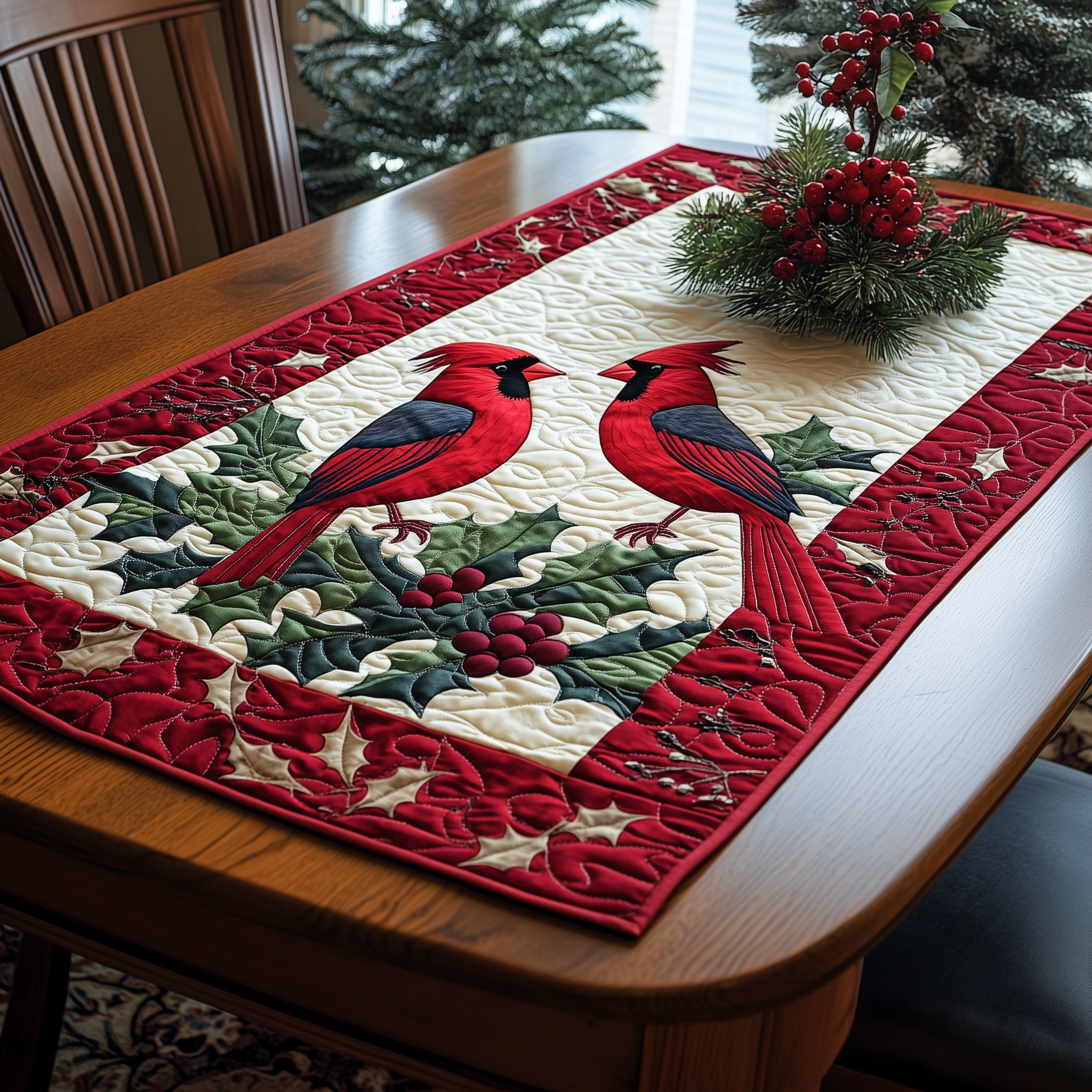 Holly Cardinal Quilted Table Runner Holiday Dining Table Runner Decorations Cardinal Themed Gifts-1 Holly Cardinal Quilted Table Runner Holiday Dining Table Runner Decorations Cardinal Themed Gifts-1