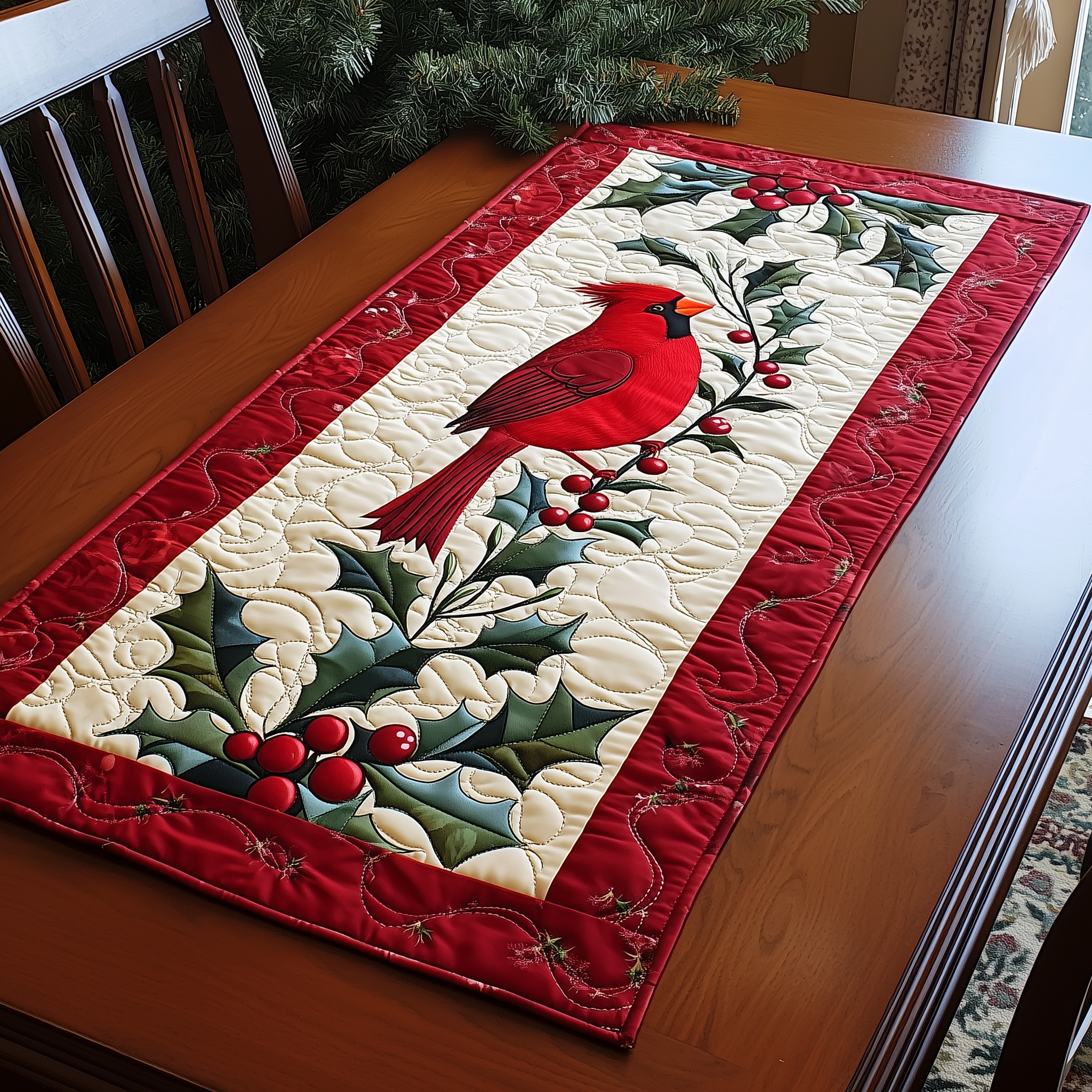 Holly Cardinal Quilted Table Runner Holiday Dining Table Runner Decorations Red Cardinal Gifts Ideas-1 Holly Cardinal Quilted Table Runner Holiday Dining Table Runner Decorations Red Cardinal Gifts Ideas-1