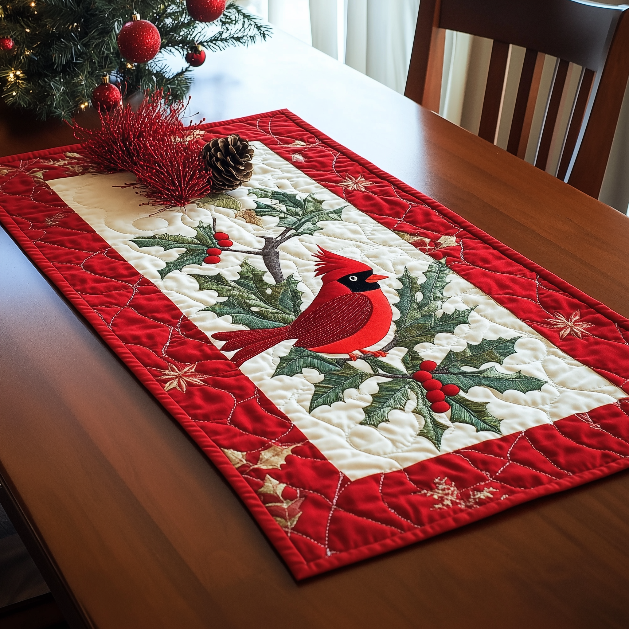 Holly Cardinal Quilted Table Runner Holiday Dining Table Runner Decorations Xmas Gifts-1 Holly Cardinal Quilted Table Runner Holiday Dining Table Runner Decorations Xmas Gifts-1