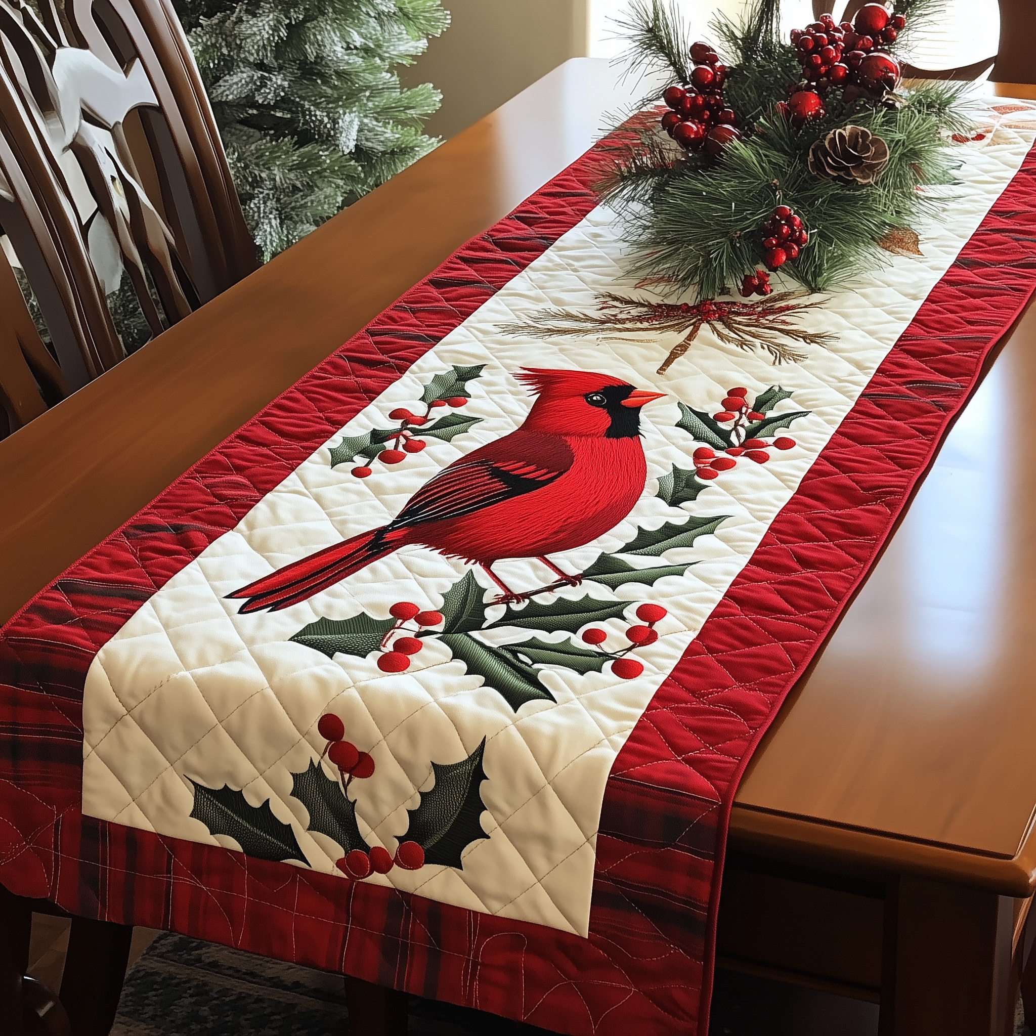 Holly Cardinal Quilted Table Runner Indoor Cardinal Christmas Decorations Family Gifts-1 Holly Cardinal Quilted Table Runner Indoor Cardinal Christmas Decorations Family Gifts-1