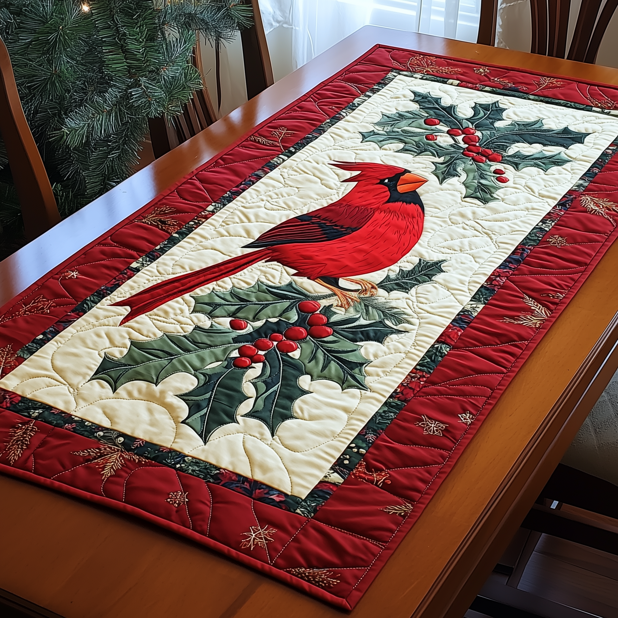 Holly Cardinal Quilted Table Runner Modern Dining Table Runner Holiday Cardinal Gifts For Christmas-1 Holly Cardinal Quilted Table Runner Modern Dining Table Runner Holiday Cardinal Gifts For Christmas-1