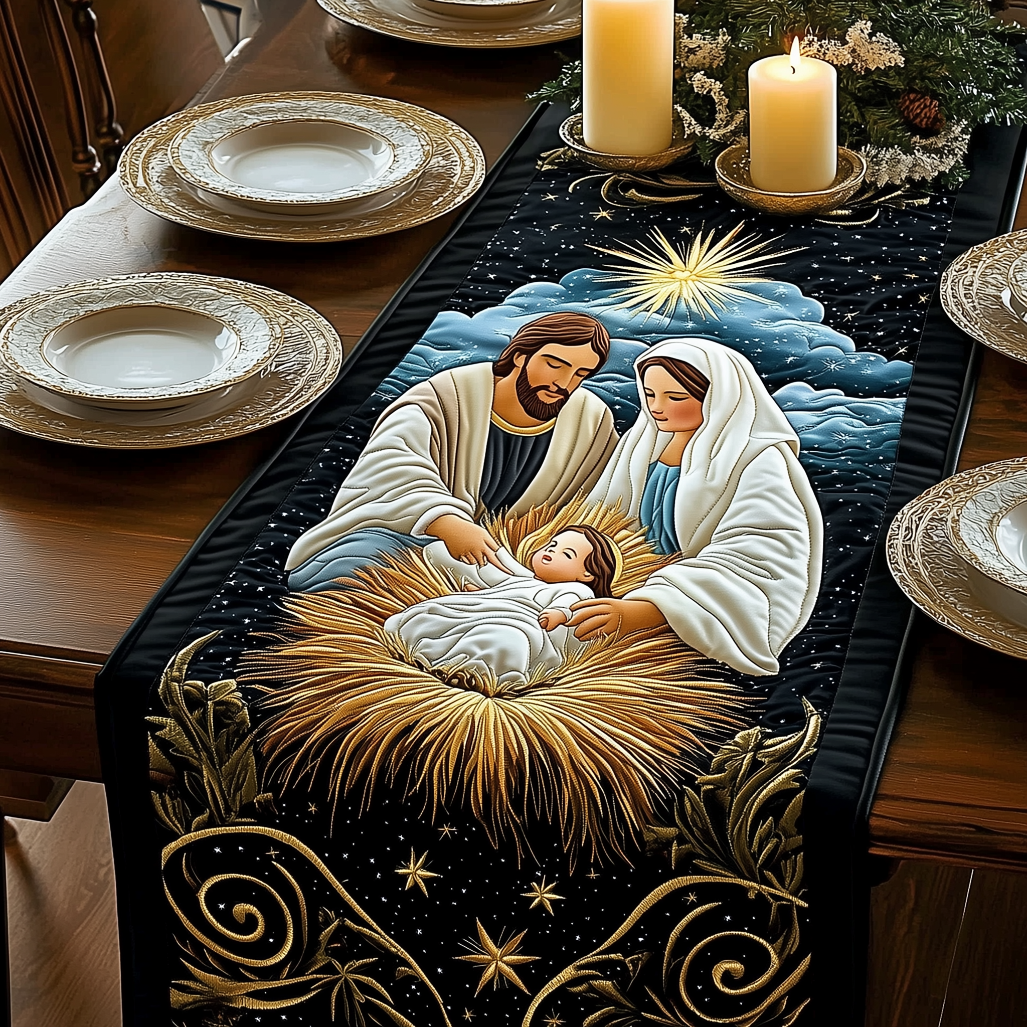 Holy Family Quilted Table Runner Faith Christian Stuff Indoor Christmas Decorations-1