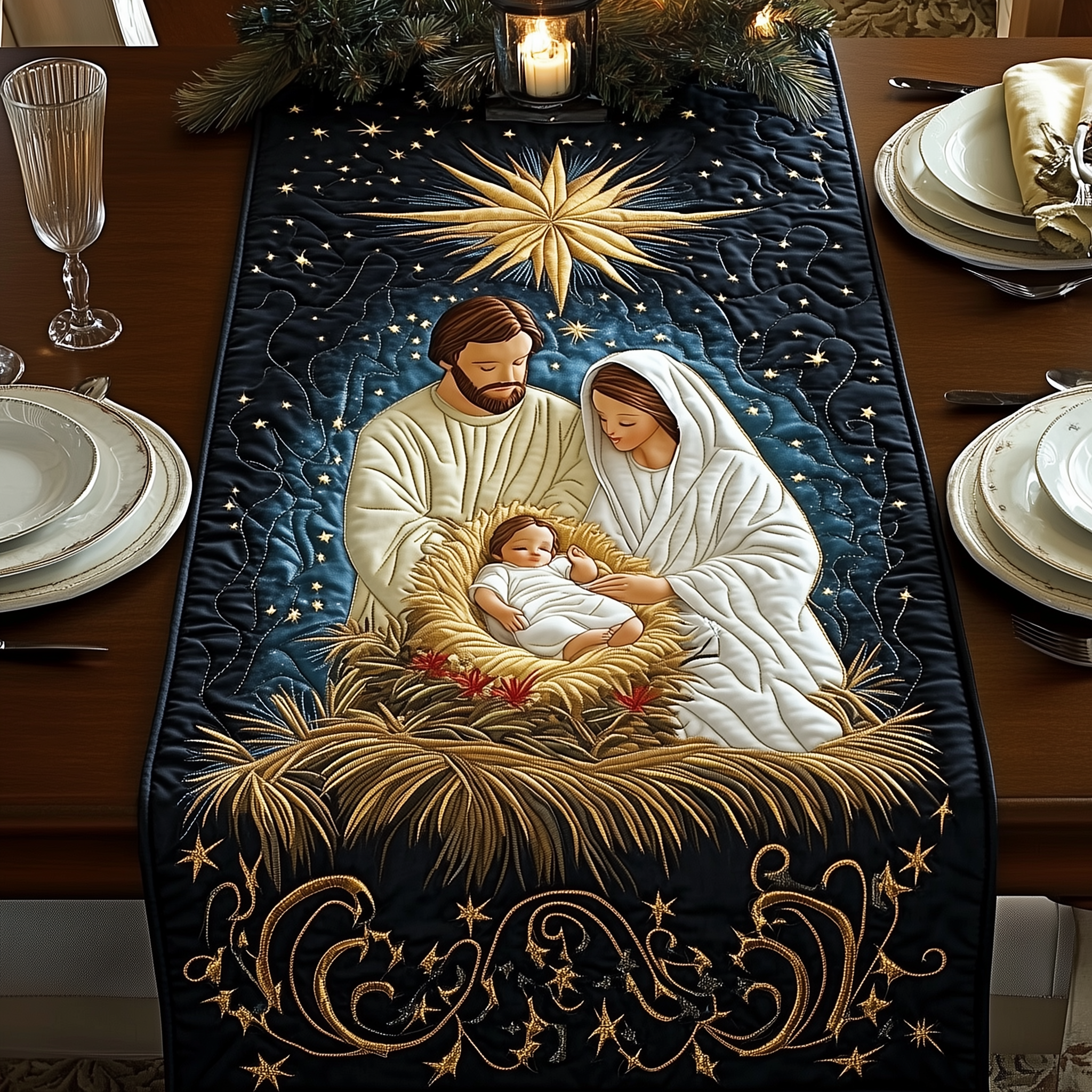 Holy Family Quilted Table Runner Nativity Faith Christian Indoor Christmas Decorations-1