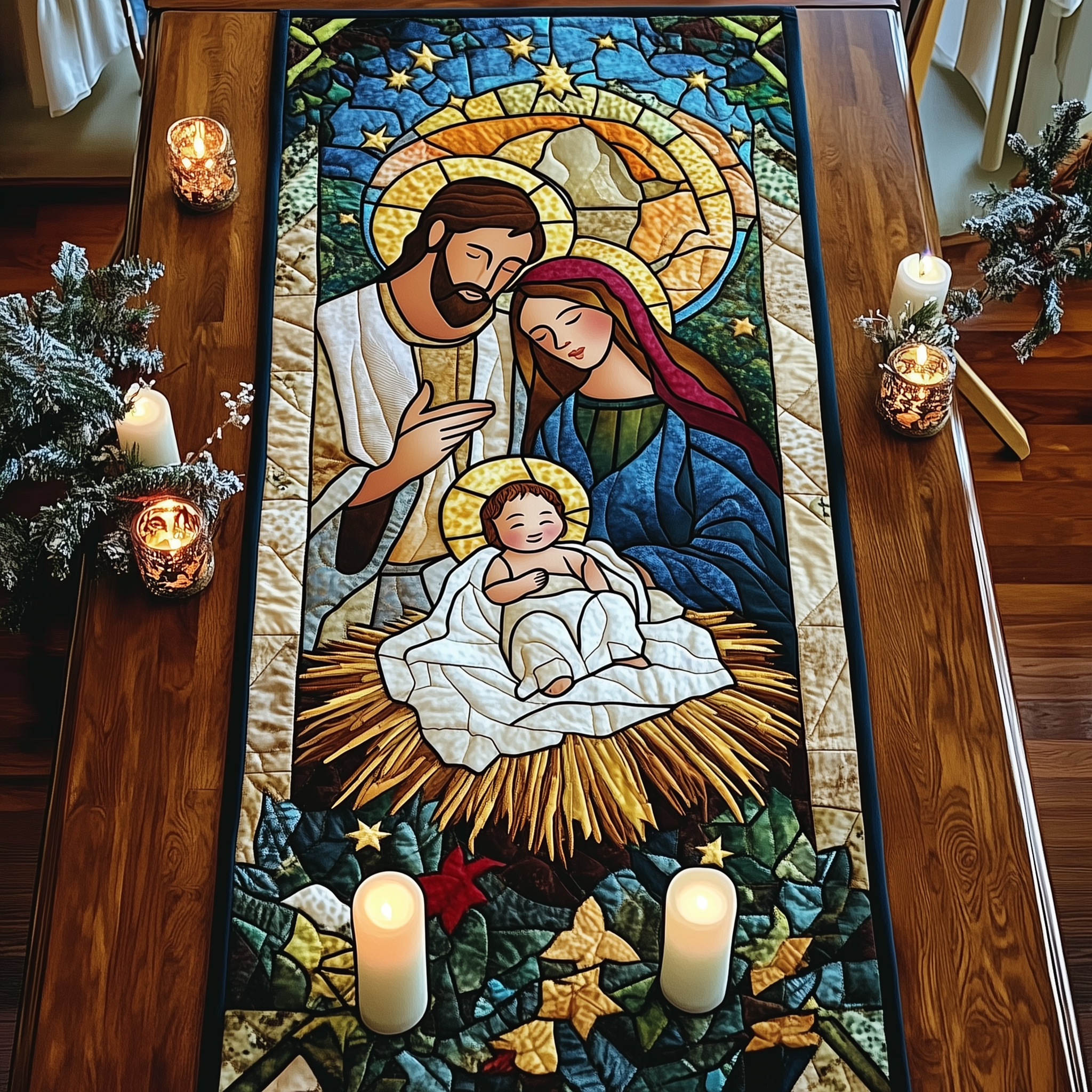 Holy Night Blessings Quilted Table Runner Nativity Christian Stuff Indoor Home Christmas Decorations-1 Holy Night Blessings Quilted Table Runner Nativity Christian Stuff Indoor Home Christmas Decorations-1