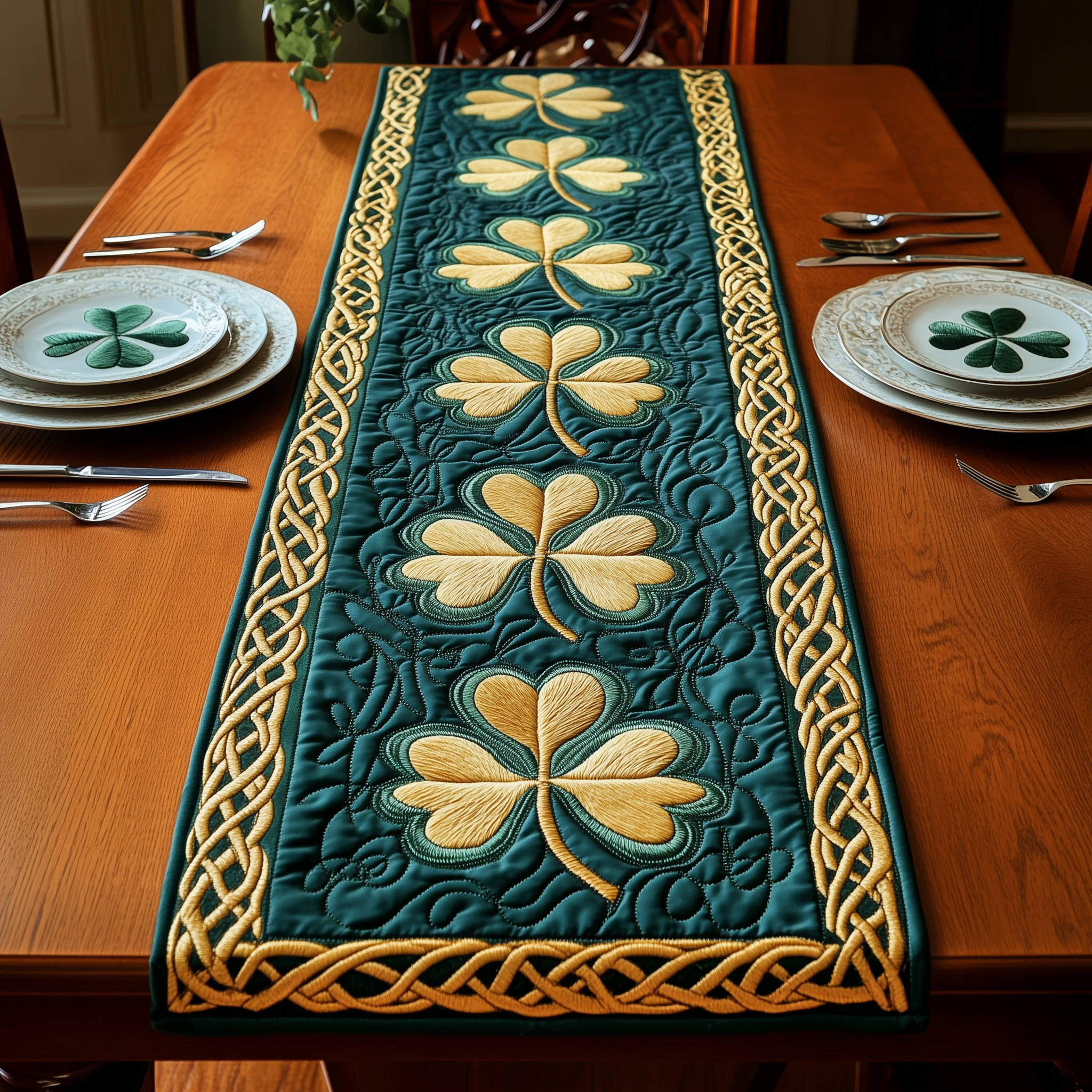 Irish Shamrock Quilted Table Runner Patrick's Day Best Family Gifts-1 Irish Shamrock Quilted Table Runner Patrick's Day Best Family Gifts-1