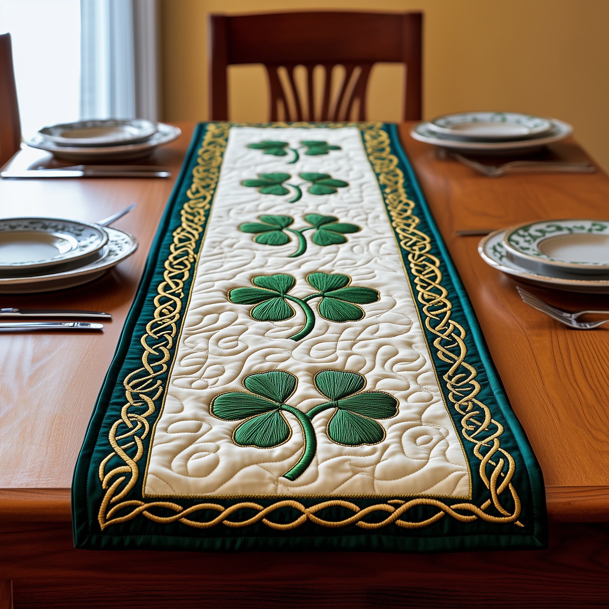 Irish Shamrock Quilted Table Runner Patrick's Day Family Present Ideas-1