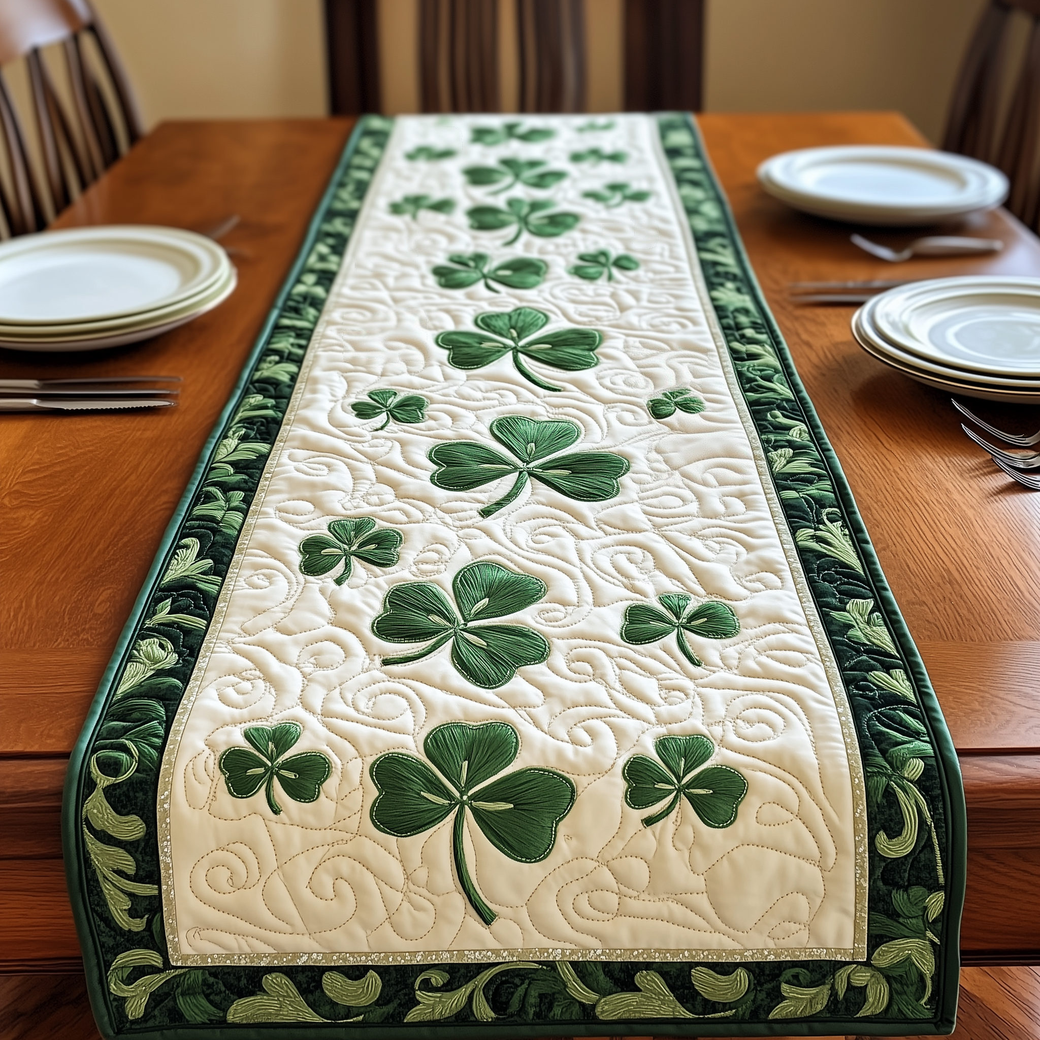 Irish Shamrock Quilted Table Runner Patrick's Day Mother And Daughter Presents-1 Irish Shamrock Quilted Table Runner Patrick's Day Mother And Daughter Presents-1