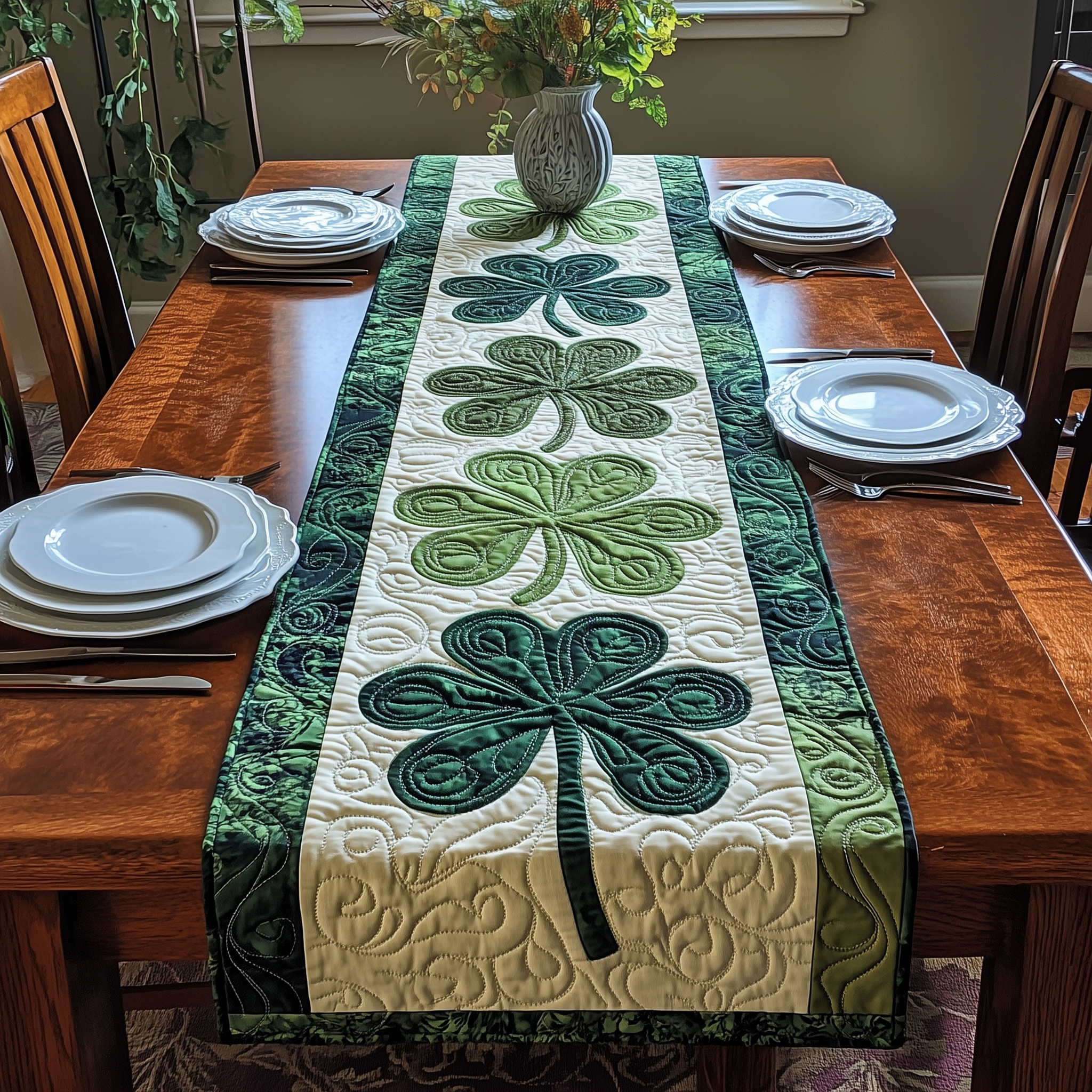 Irish Shamrock Quilted Table Runner Patrick's Day Mum And Daughter Gifts-1 Irish Shamrock Quilted Table Runner Patrick's Day Mum And Daughter Gifts-1