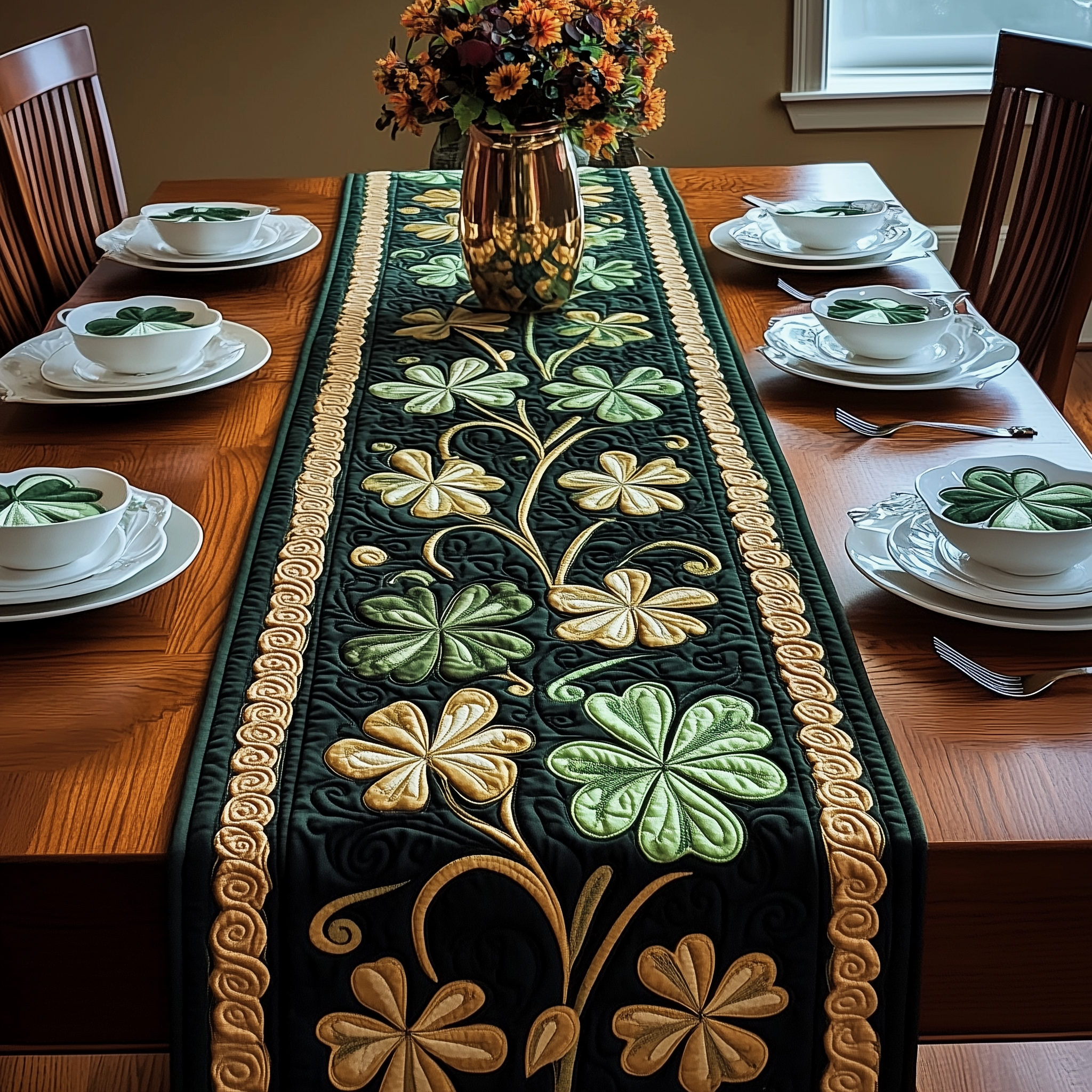 Irish Shamrock Quilted Table Runner Patrick's Day Present Ideas For Mom-1 Irish Shamrock Quilted Table Runner Patrick's Day Present Ideas For Mom-1