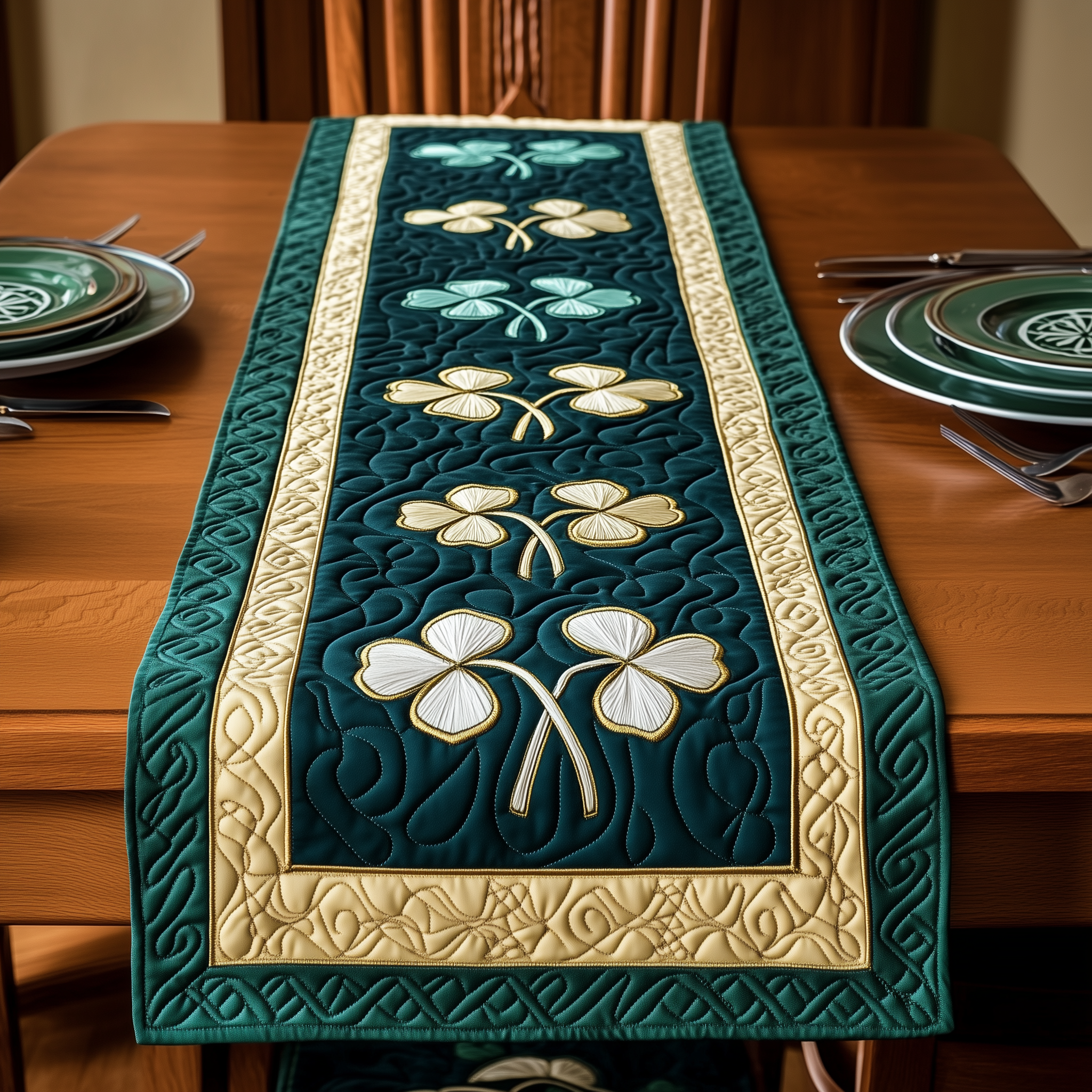 Irish Shamrock Quilted Table Runner Patrick's Day Presents For Her-1 Irish Shamrock Quilted Table Runner Patrick's Day Presents For Her-1