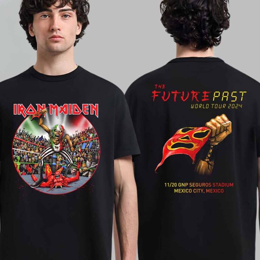 Iron Maiden Future Past World Tour 2024 Mexico Wrestling Eddie Art In Mexico City At GNP Seguros Stadium On November 20 2024 T-Shirt Fan Apparel-1