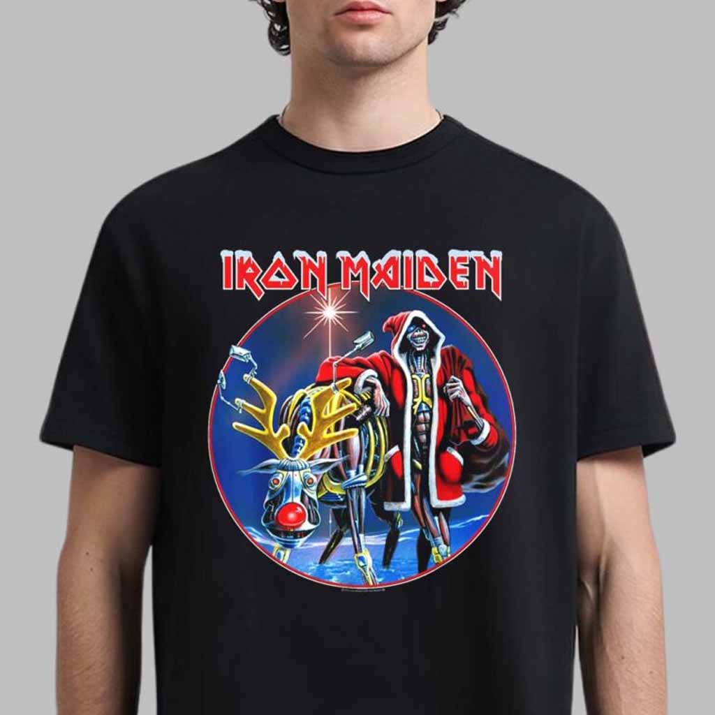 Iron Maiden SIT Xmas 2024 Santa Eddie With Reindeer Art T-Shirt Iron Maiden Merch Gifts For Band Fans-1