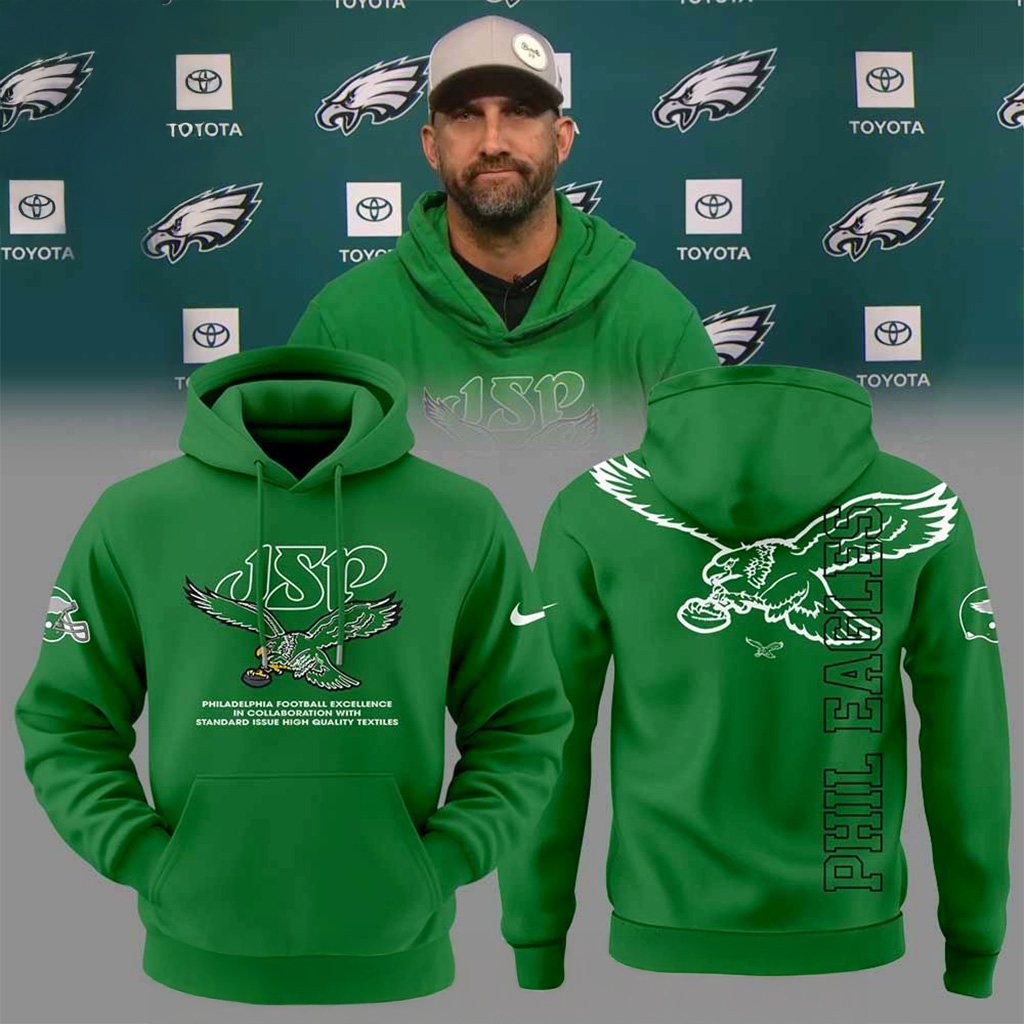 JSP X Philadelphia Eagles Kelly Green Throwback Hoodie Philadelphia Eagles Merch Fan Gifts-1
