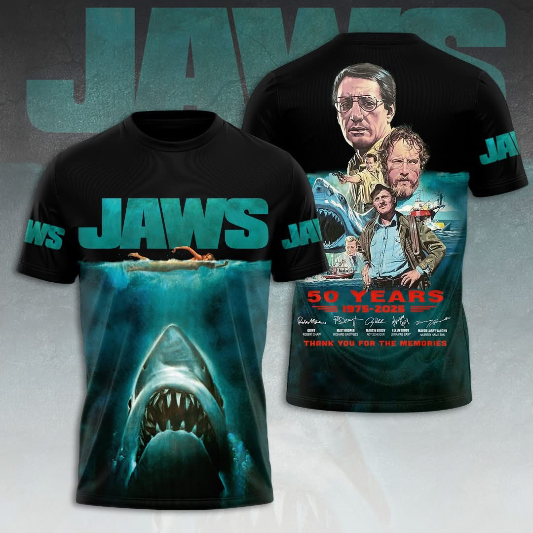 Jaws 50 Years 1975 2025 T-Shirt Thank You For The Memories Jaws Fan Merch Themed Gifts-1 Jaws 50 Years 1975 2025 T-Shirt Thank You For The Memories Jaws Fan Merch Themed Gifts-1