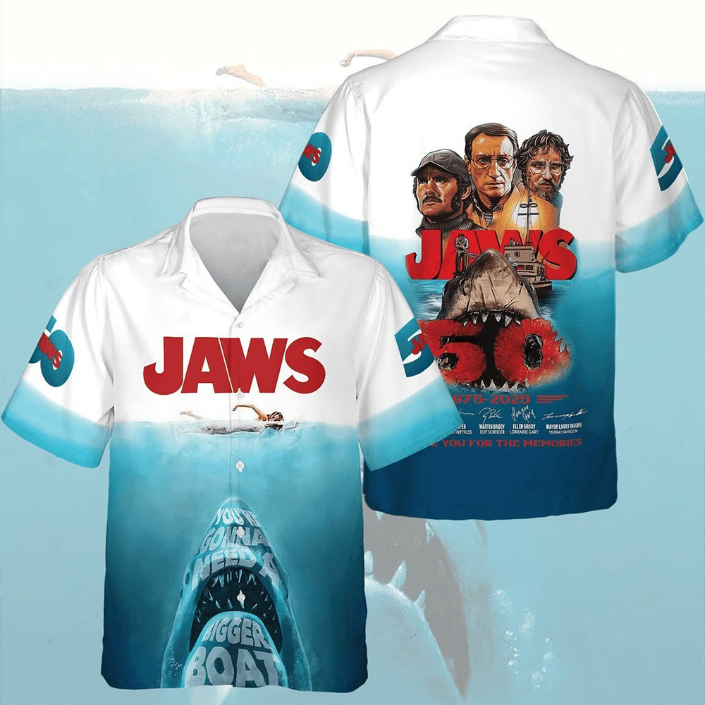 Jaws 50Th Anniversary 1975 2025 Hawaiian Shirt Thank You For The Memories Fan Jaws Merch-1 Jaws 50Th Anniversary 1975 2025 Hawaiian Shirt Thank You For The Memories Fan Jaws Merch-1
