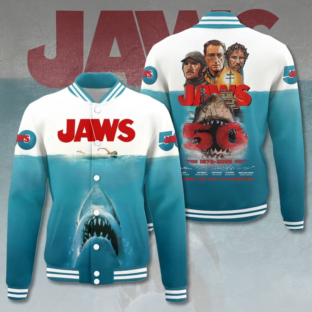 Jaws 50Th Anniversary 1975 2025 Varsity Jacket Thank You For The Movies Jaws Fan Merch-1 Jaws 50Th Anniversary 1975 2025 Varsity Jacket Thank You For The Movies Jaws Fan Merch-1