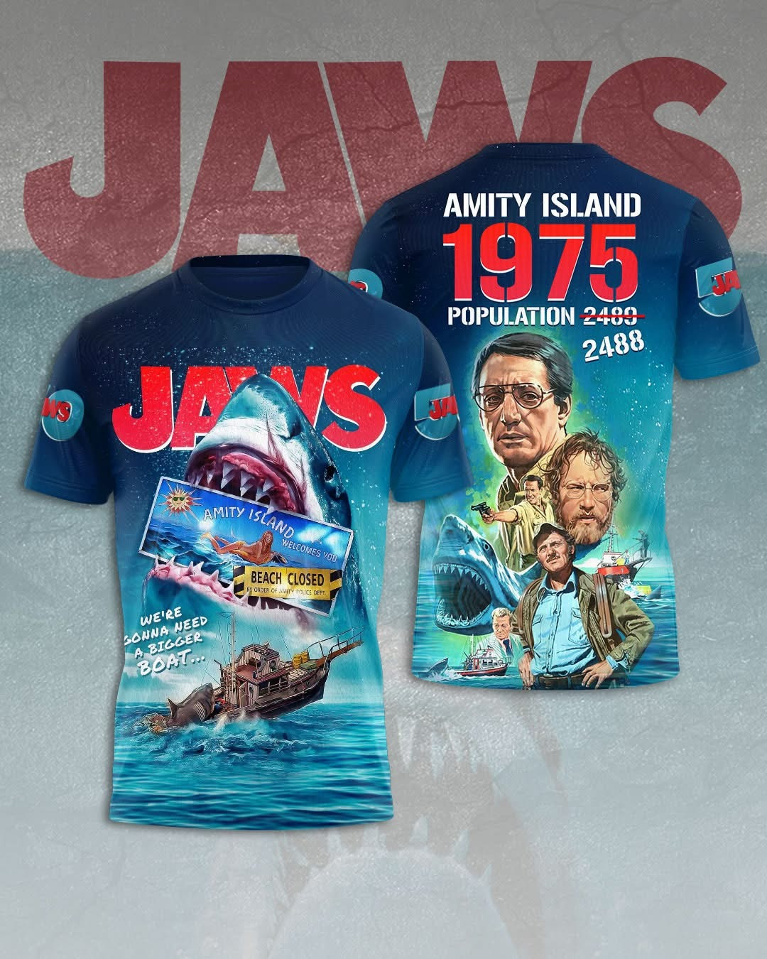 Jaws Amity Island 1975 Population 2488 T-Shirt Mens Movie Jaws Fan Merch Gifts-1 Jaws Amity Island 1975 Population 2488 T-Shirt Mens Movie Jaws Fan Merch Gifts-1