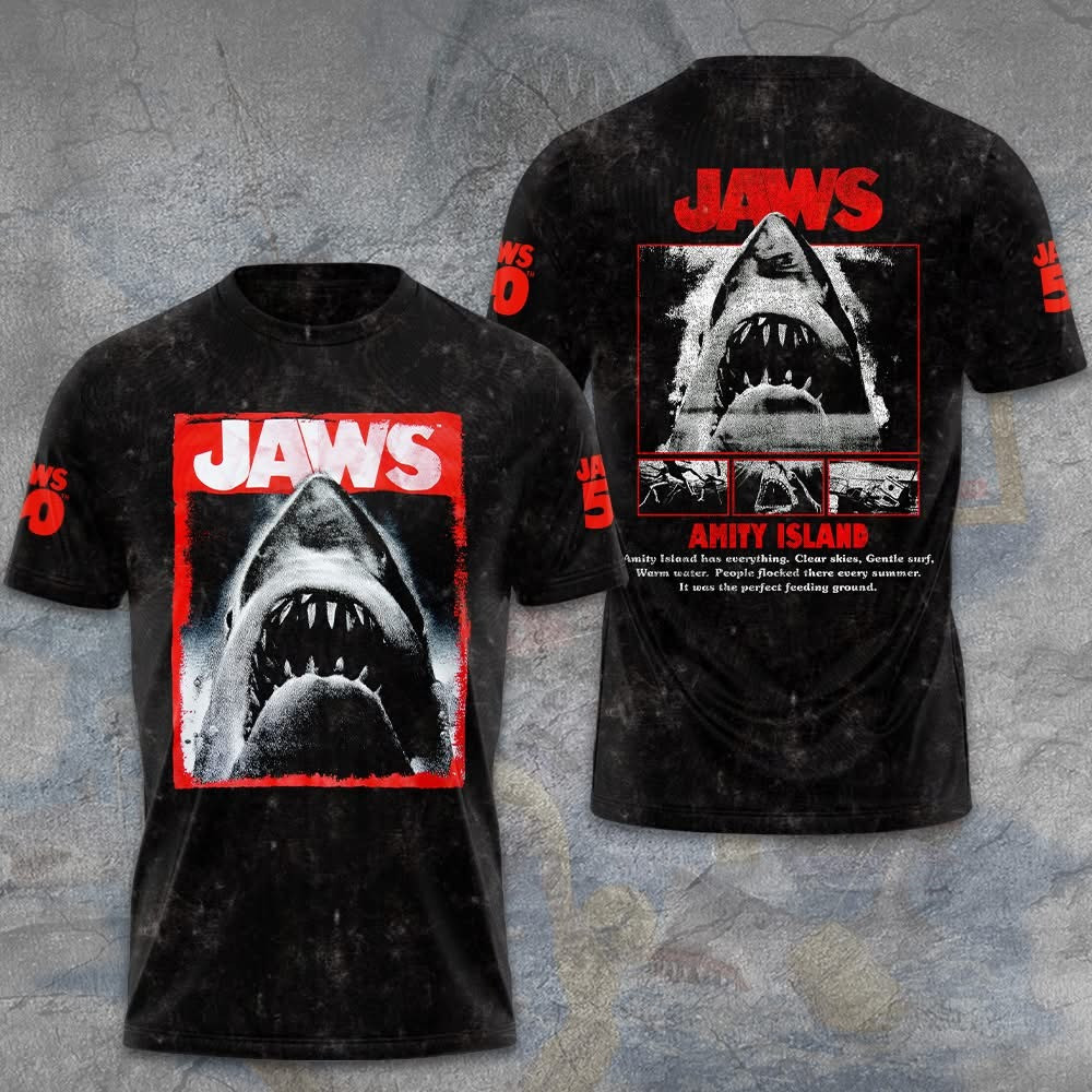 Jaws Killer Shark Amity Island 50Th Anniversary 1975 2025 T-Shirt Themed Jaws Merch-1 Jaws Killer Shark Amity Island 50Th Anniversary 1975 2025 T-Shirt Themed Jaws Merch-1