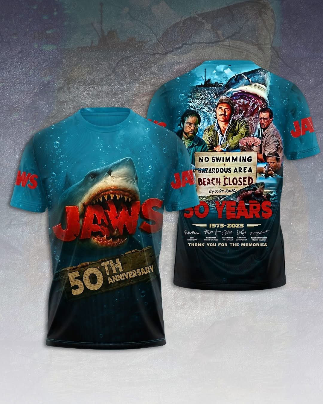 Jaws No Swimming Hazardous Area 50Th Anniversary 1975 2025 Shirt Thank You For The Memories-1 Jaws No Swimming Hazardous Area 50Th Anniversary 1975 2025 Shirt Thank You For The Memories-1