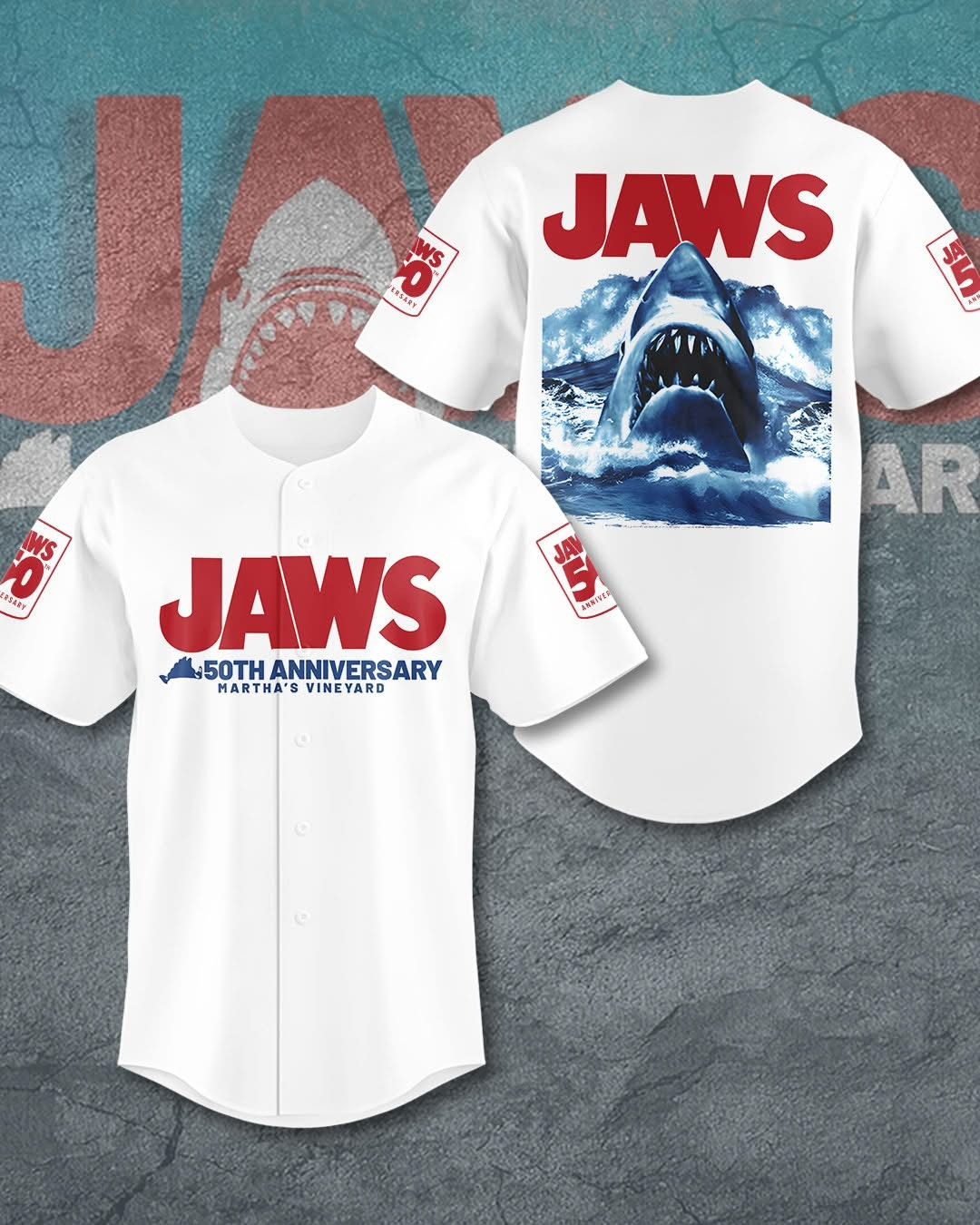 Jaws Shark 50Th Anniversary Martha's Vineyard 1975 2025 Jersey Movie Jaws Fan Merch Gifts-1 Jaws Shark 50Th Anniversary Martha's Vineyard 1975 2025 Jersey Movie Jaws Fan Merch Gifts-1