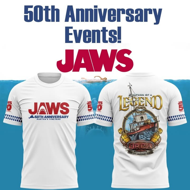 Jaws Shark 50Th Anniversary Martha's Vineyard 1975 2025 T-Shirt Great Fan Merch Clothing-1 Jaws Shark 50Th Anniversary Martha's Vineyard 1975 2025 T-Shirt Great Fan Merch Clothing-1