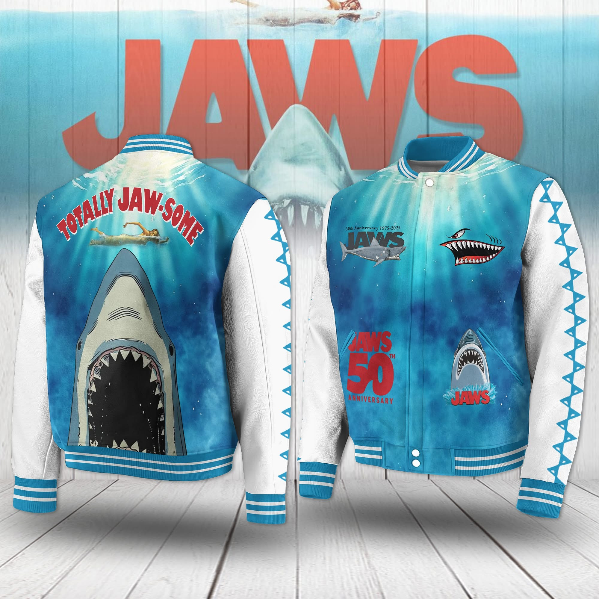 Jaws Totally Jaw-Some 50Th Anniversary 1975 2025 Varsity Jacket Movie Jaws Fan Merch-1 Jaws Totally Jaw-Some 50Th Anniversary 1975 2025 Varsity Jacket Movie Jaws Fan Merch-1