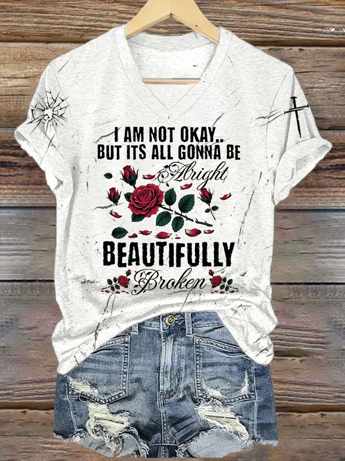 Jelly Roll Beautifully Broken Roses Women's V-Neck Shirt I'm Not Okay Tour Merch Apparel-1 Jelly Roll Beautifully Broken Roses Women's V-Neck Shirt I'm Not Okay Tour Merch Apparel-1