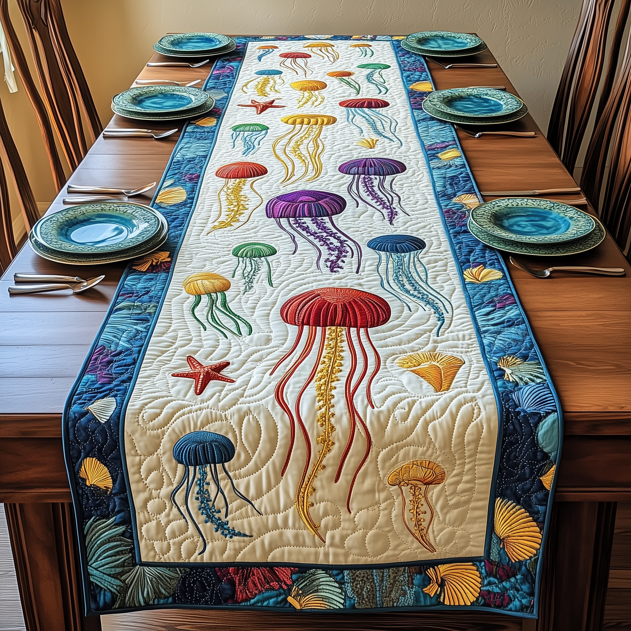 Jellyfish Haven Quilted Table Runner Good Valentine's Gifts For Him-1 Jellyfish Haven Quilted Table Runner Good Valentine's Gifts For Him-1