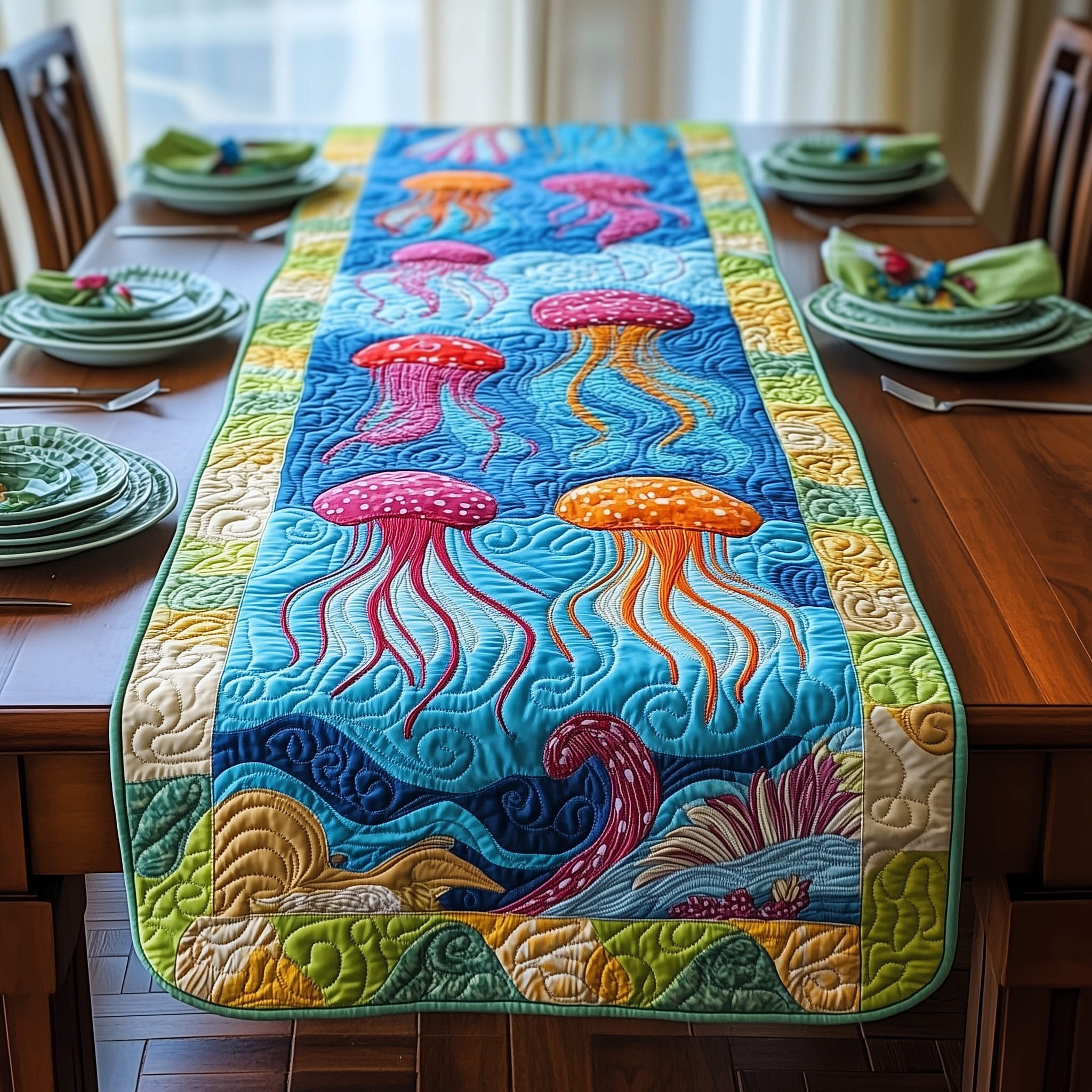 Jellyfish Haven Quilted Table Runner Valentine Day Presents For Girlfriend-1 Jellyfish Haven Quilted Table Runner Valentine Day Presents For Girlfriend-1