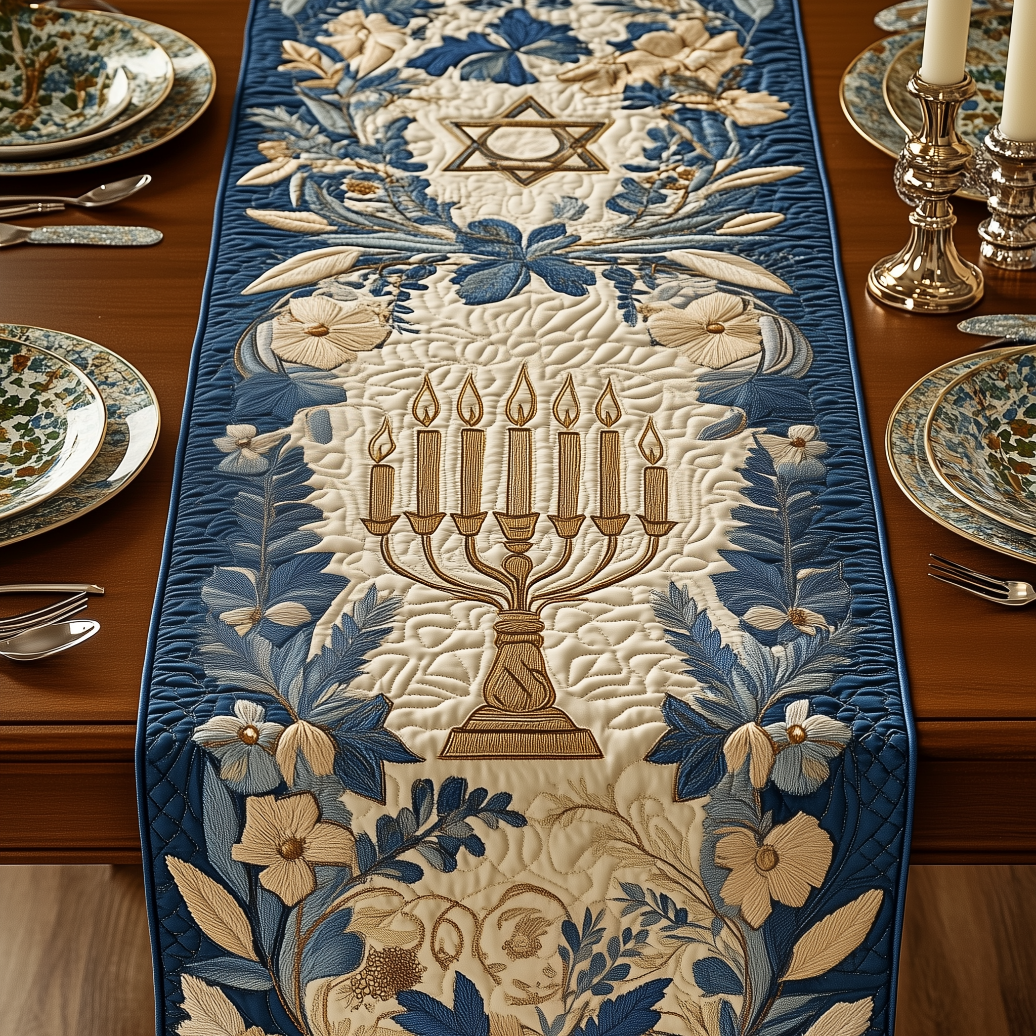 Jewish Hanukkah Quilted Table Runner Decorations Holiday Dining Table Runner Themed Hanukkah Gifts-1