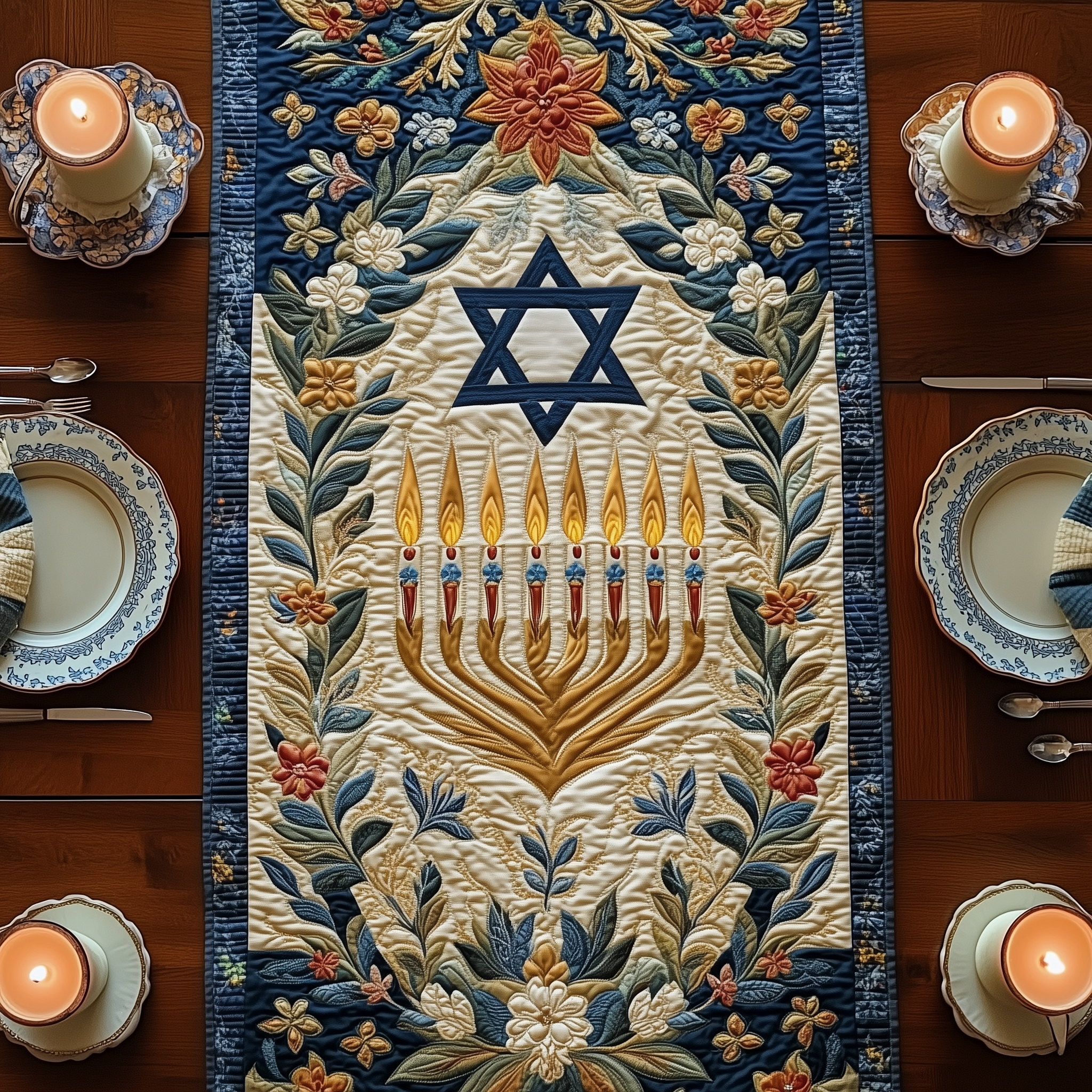 Jewish Hanukkah Quilted Table Runner Holiday Dining Table Runner Hanukkah Home Decorations-1 Jewish Hanukkah Quilted Table Runner Holiday Dining Table Runner Hanukkah Home Decorations-1
