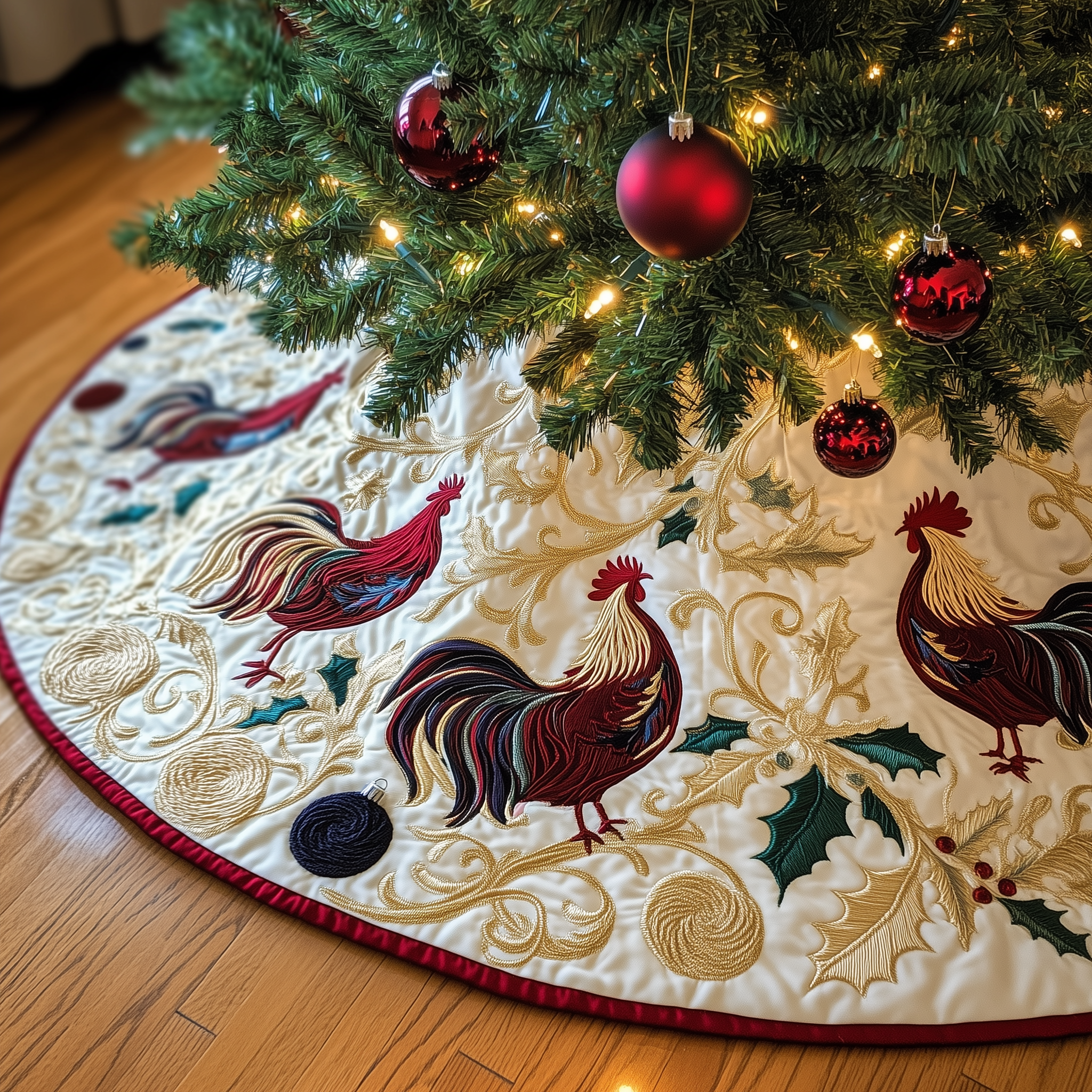 Jolly Holiday Chicken Quilted Tree Skirt Xmas Christmas Tree Base Cover Decorations Themed Chicken Related-1 Jolly Holiday Chicken Quilted Tree Skirt Xmas Christmas Tree Base Cover Decorations Themed Chicken Related-1