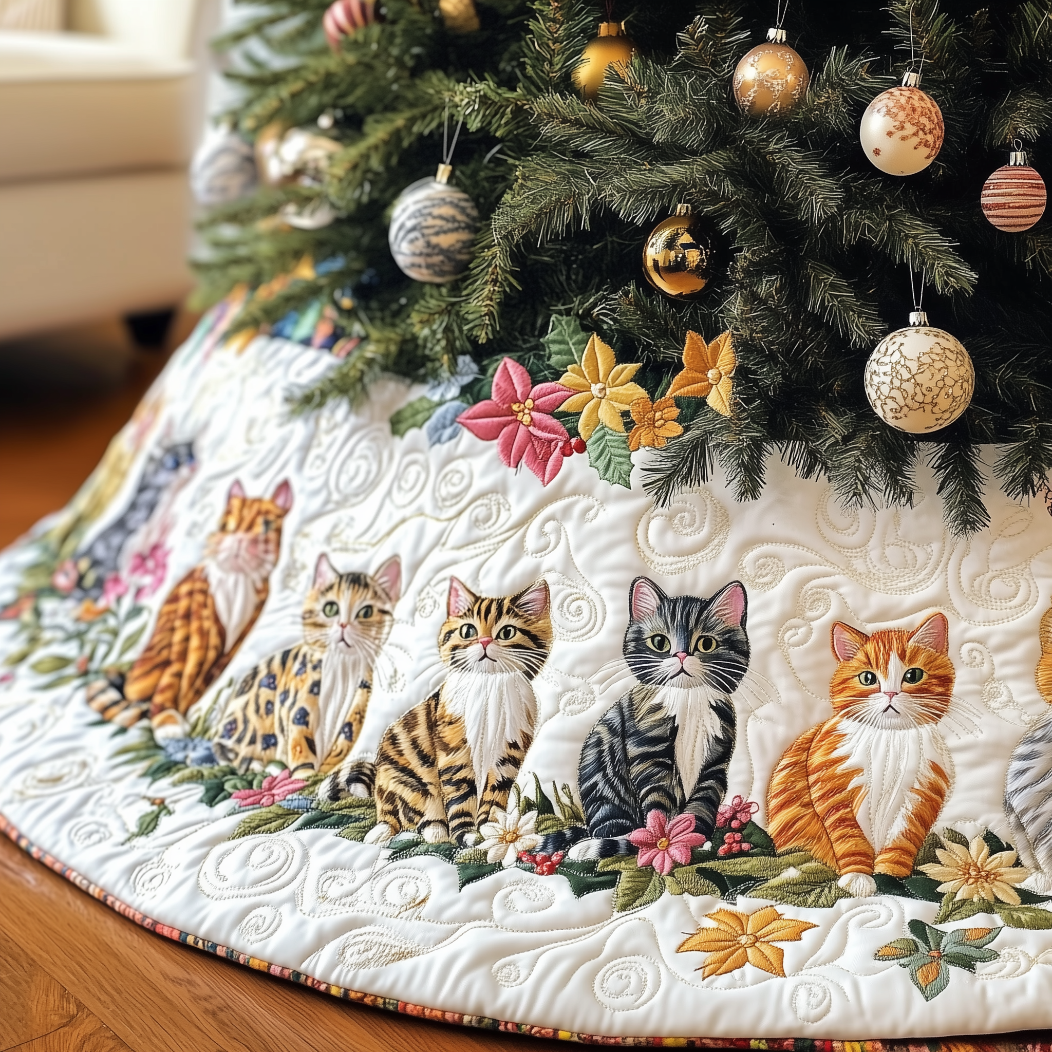 Joyful Cat Quilted Tree Skirt Indoor Xmas Decorations Things To Get Your Cat For Christmas-1 Joyful Cat Quilted Tree Skirt Indoor Xmas Decorations Things To Get Your Cat For Christmas-1