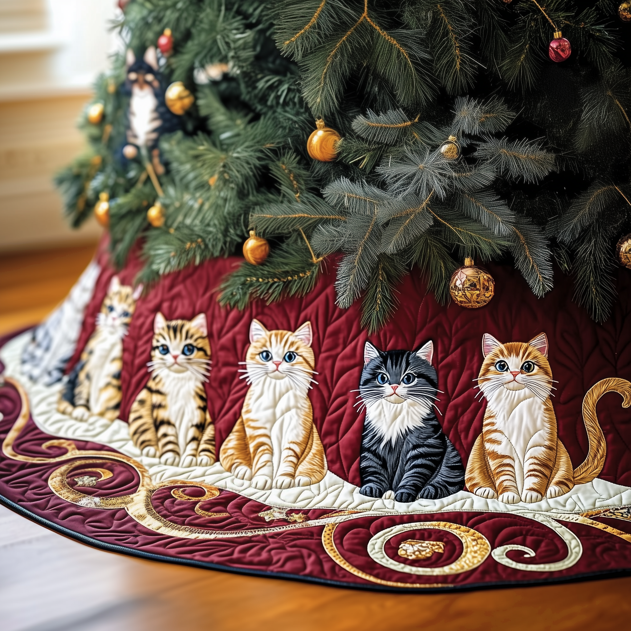 Joyful Cat Quilted Tree Skirt Xmas Tree Base Cover Decorations Cat Owner Gifts For Christmas-1 Joyful Cat Quilted Tree Skirt Xmas Tree Base Cover Decorations Cat Owner Gifts For Christmas-1